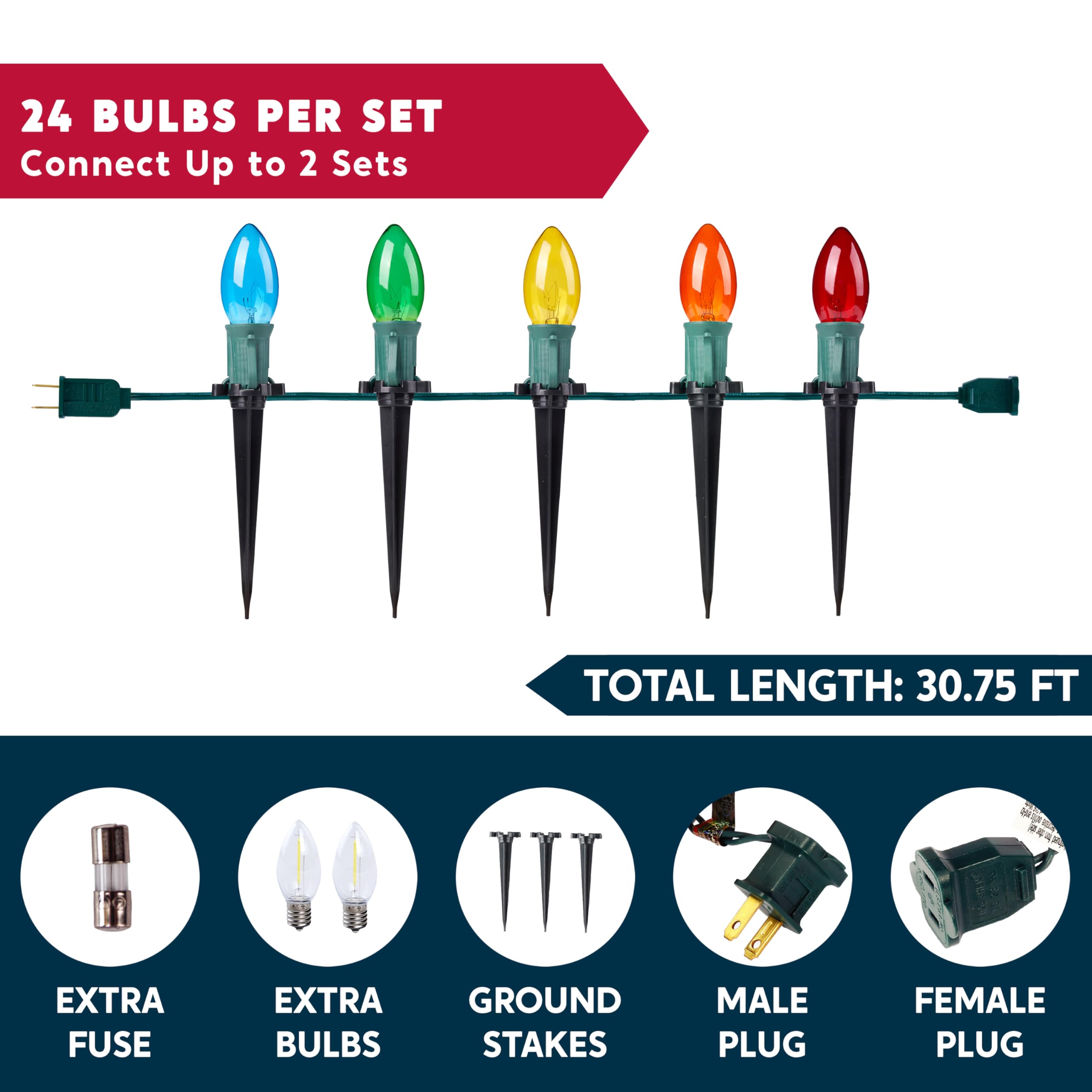 Joiedomi C9 Christmas Pathway Marker Lights, 30.75ft, 24 Multicolor Outdoor Decorations with Stakes for Garden & Walkway