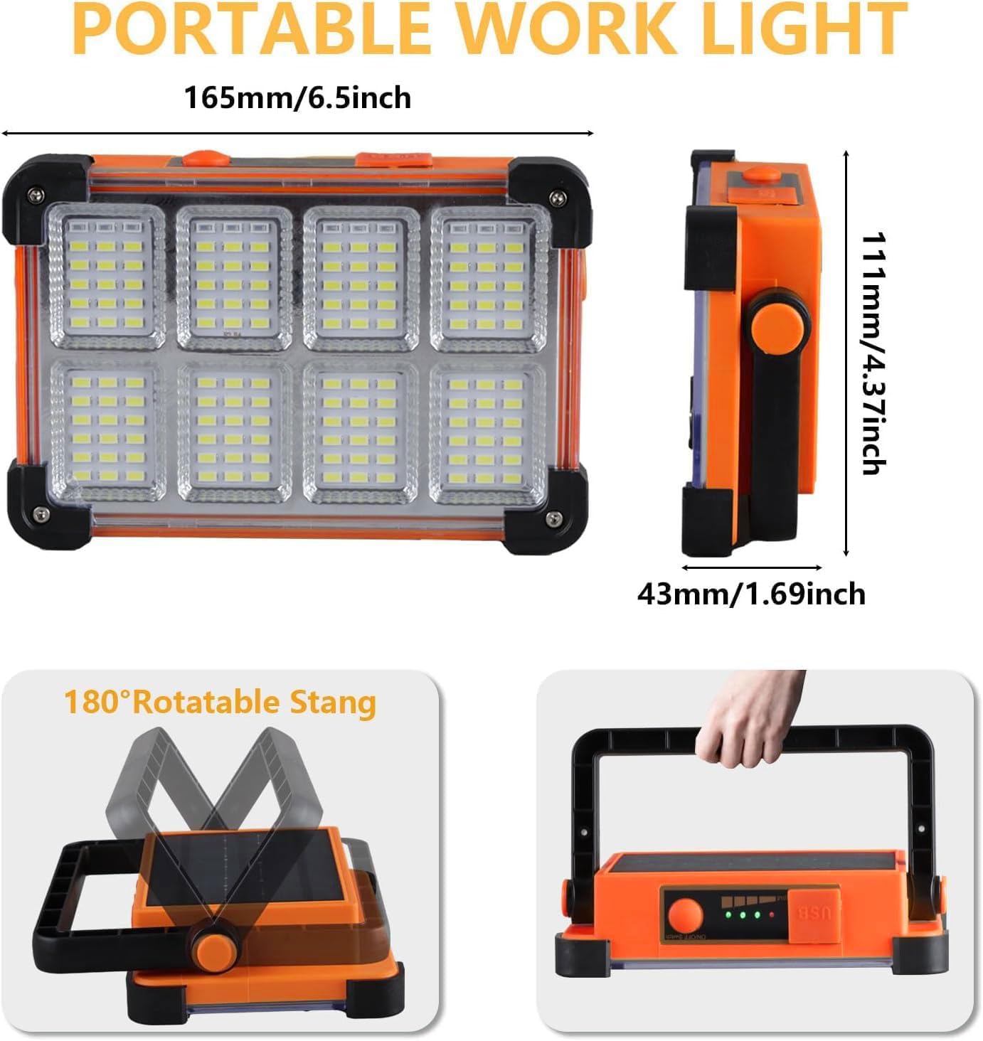 YXQUA 120W Solar Rechargeable Work Light - 144 LED, 10000LM, IP66 Waterproof, 4 Modes, Portable Flood Light, Orange 1 Pack