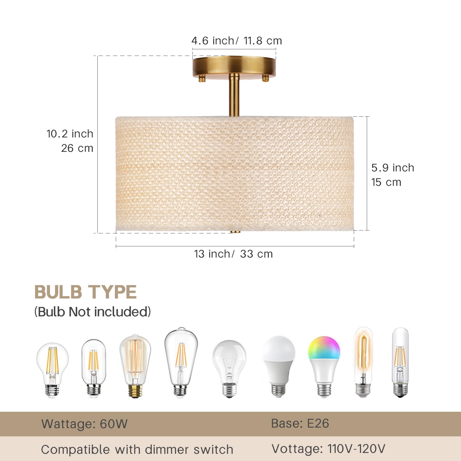 Clarsyne 13 Boho Rattan-Style Semi Flush Mount Ceiling Light Fixture  3-Light Modern Fabric Shade Drum Lamp  White Rustic Lighting For Bedroom  Kitchen  Dining Room  Living Room  Hallway  Entryway