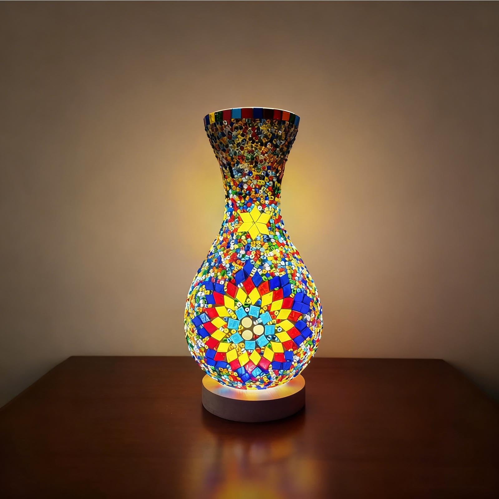 wpdash Handcrafted Turkish Table Lamp Stained Glass Vase Wood Base for Bedside Reading Coffee Table Centerpiece and Romantic Din