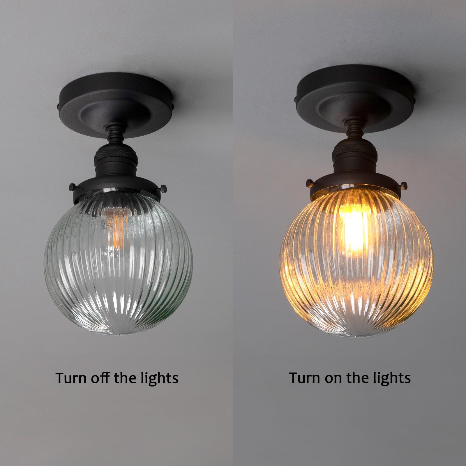 Permo Industrial Flush Mount Ceiling Light 1-Light Pendant Ceiling Light With Ribbed Globe Glass Lampshade For Hallway, Brass Fi