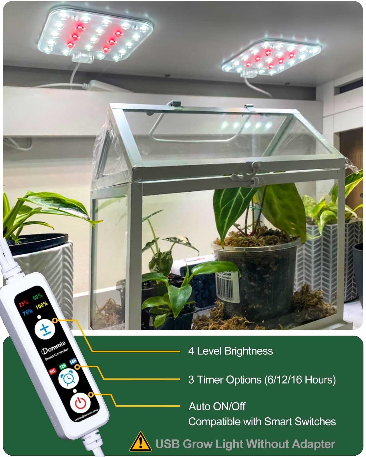 Dommia Grow Light, Square 4 Dimmable Full Spectrum High Ppfd With Optical Lens, Auto On/Off And 6/12/16H Timer, Suitable For Hydroponics, Seedlings, Succulents, Veg, Flowers & More(No Adapters)