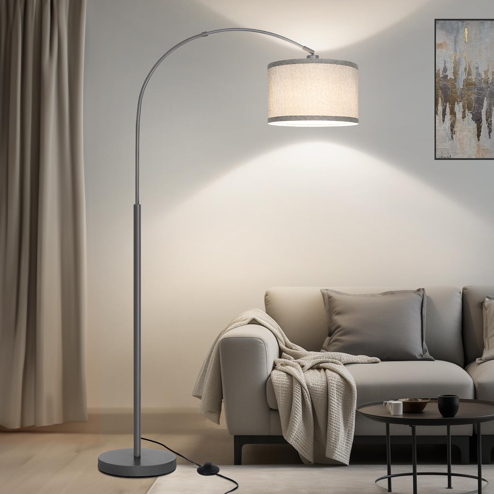 Arc Floor Lamp, Modern Floor Lamp for Living Room with Adjustable Lamp Head, Tall Pole Lamp with Gray Lampsahde and On/Off Pedal