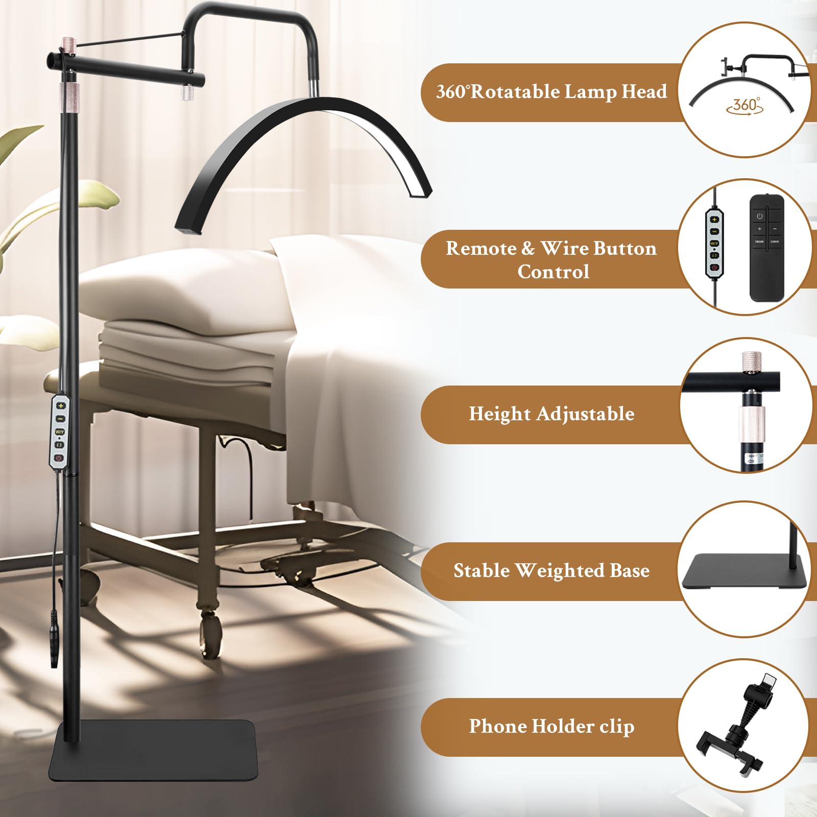 Mkpaei Lash Light For Eyelash Tech - Led Half Moon Light For Tattoo Artists, Esthetician Lights For Eyelash Extensions - Adjustable Brightness & Height, Warm To Cool Floor Lash Lamp With Phone Holder