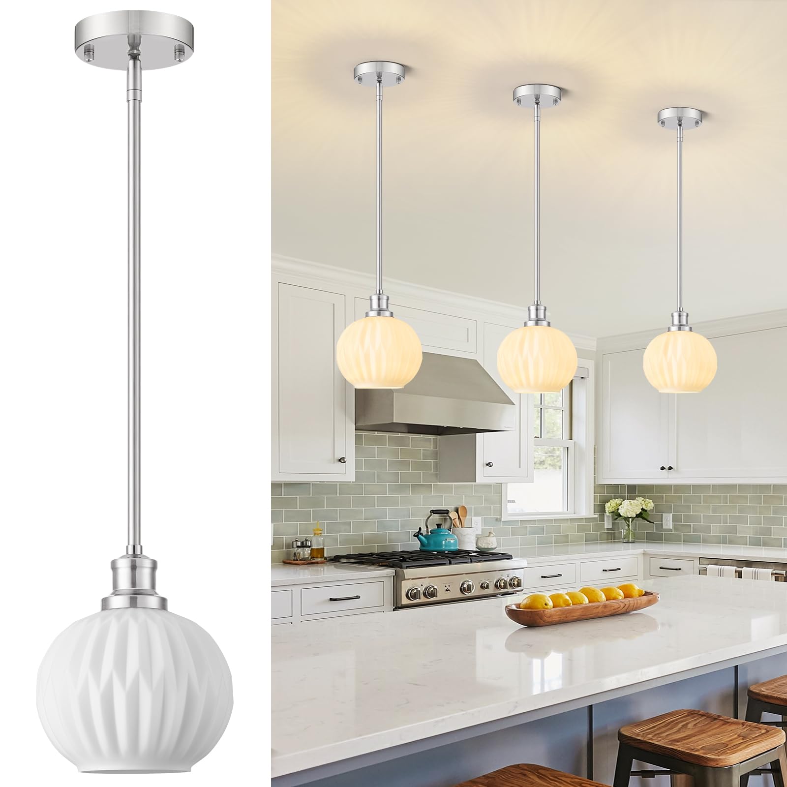 Karjearl 1-Light Glass Pendant Light, 7.1in Brushed Nickel, Globe Hanging Fixture for Kitchen, Dining Room, Model LTMM01