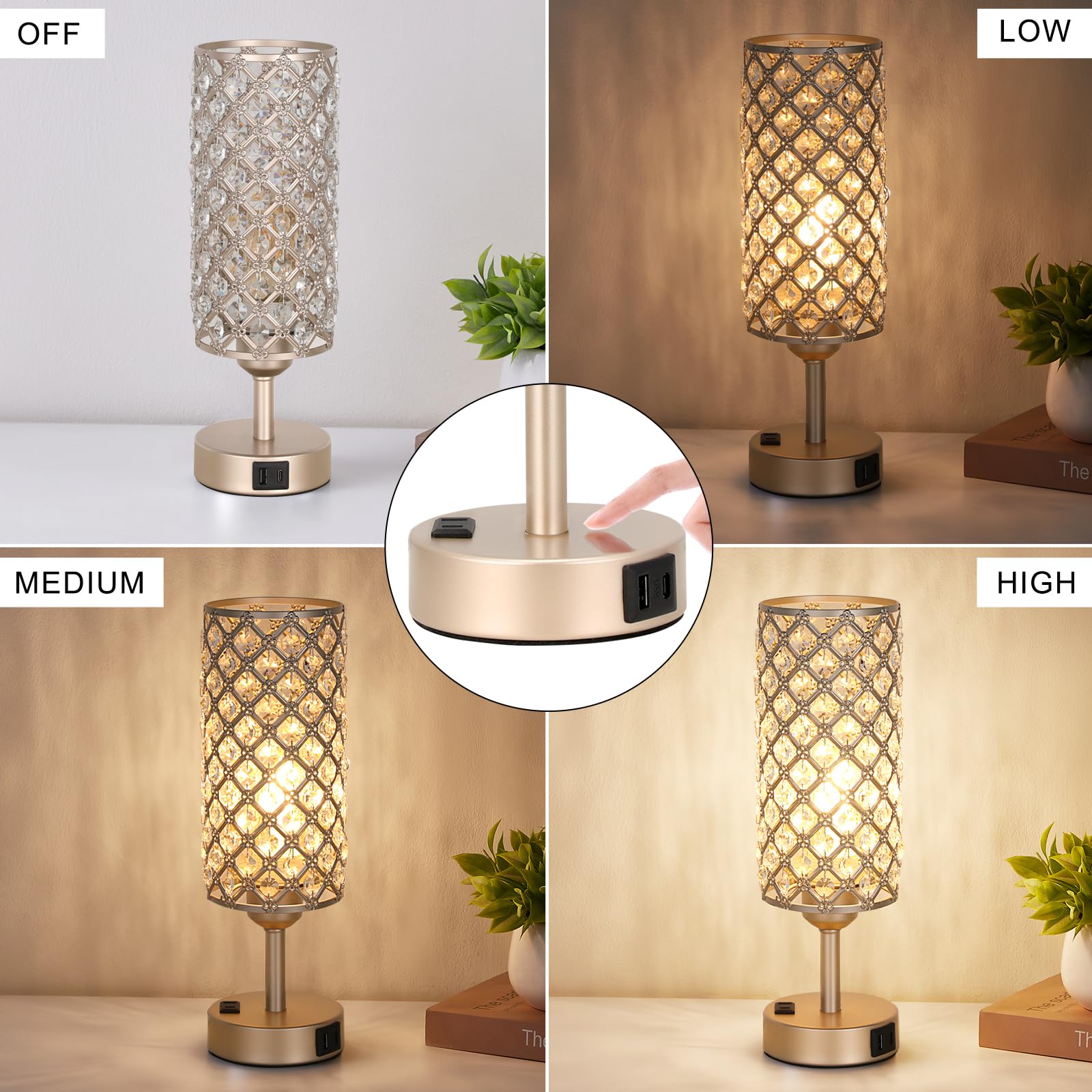 Touch Table Lamps For Bedrooms Set Of 2-3 Way Dimmable Champagne Gold Crystal Lamps With Crystal Shade, Bedside Nightstand Lamp