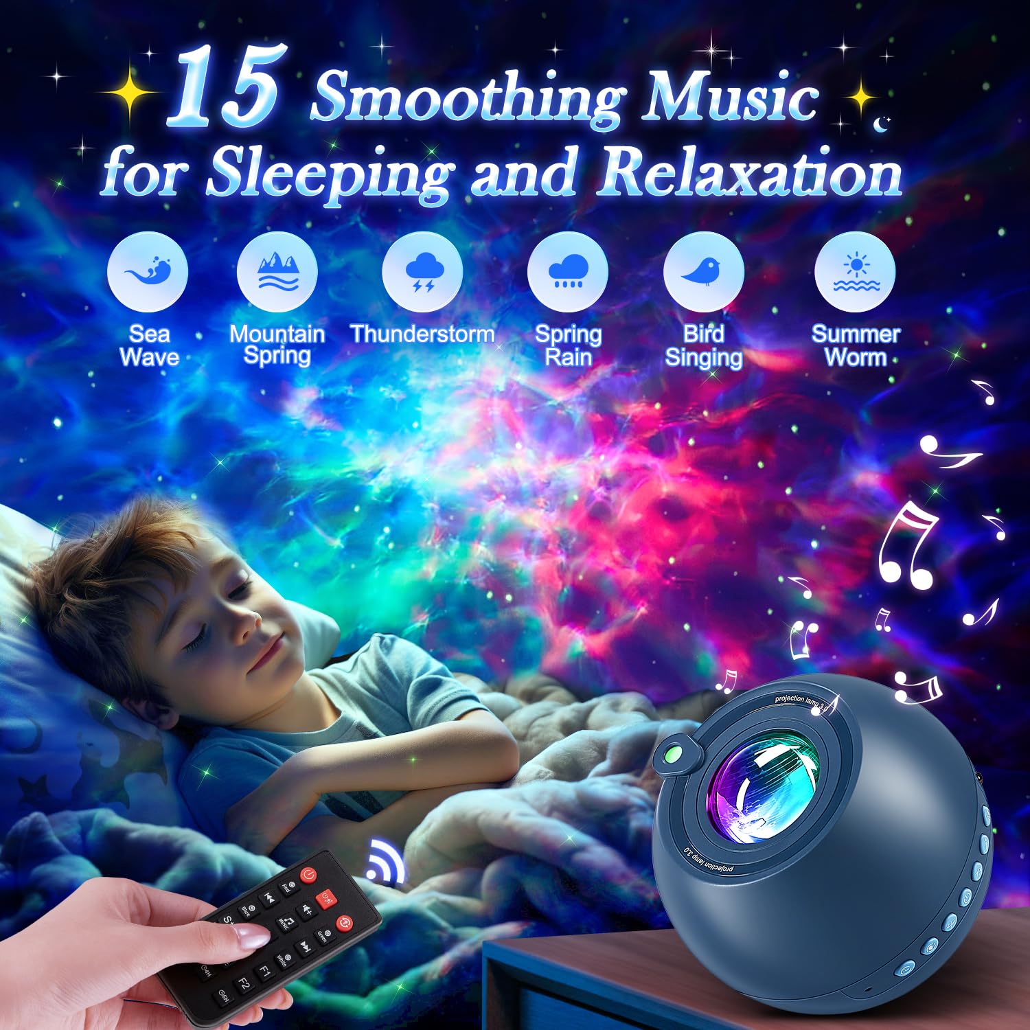 PIKOY Nebula Projector - 15 Colors + White Noise Sound Machine, Bluetooth Lumena Lamp, Star & Cloud Lights for Bedroom, Model WH-E14A, Blue