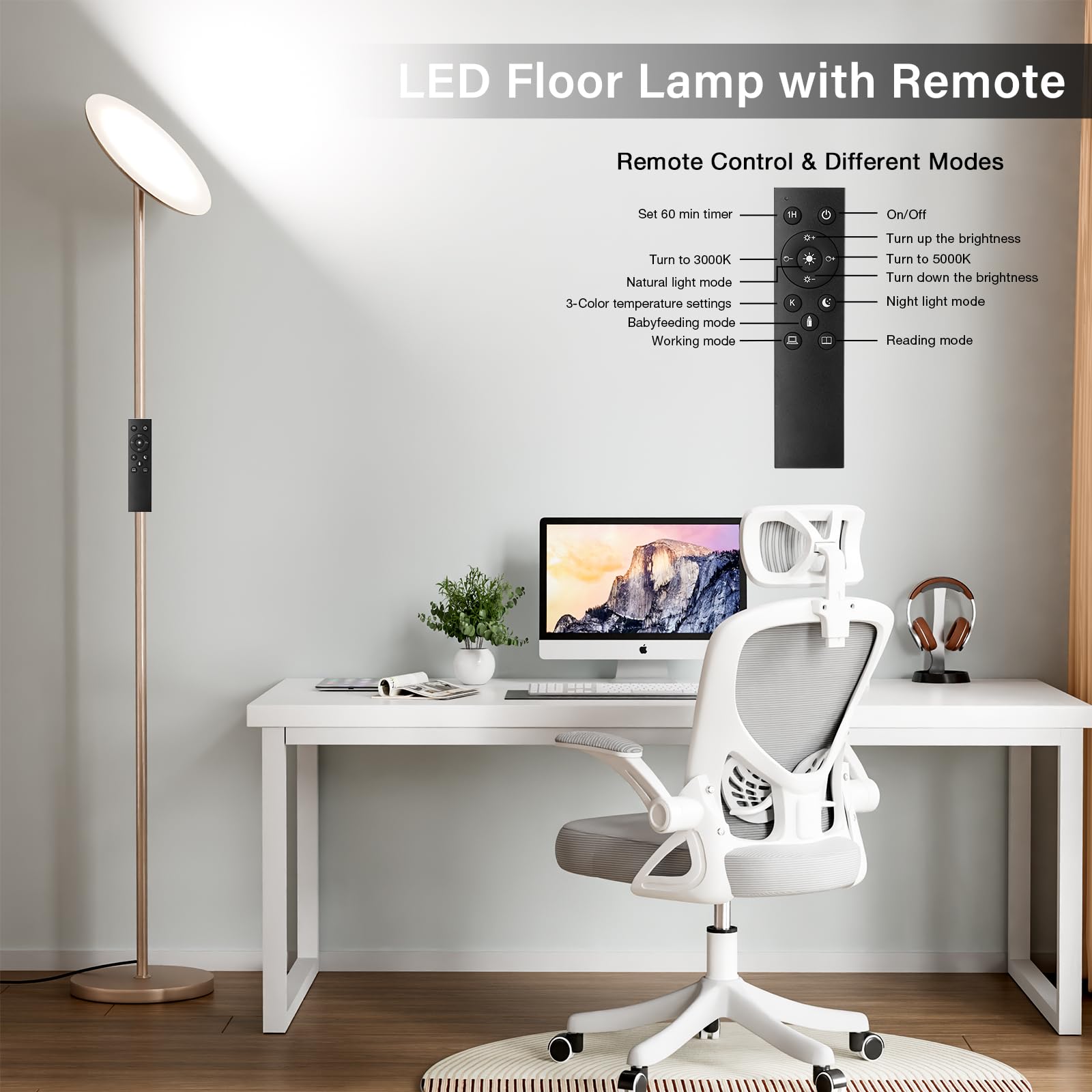 Preeotti Led Floor Lamp With Remote, 36W/3000-5000K,Touch Control, Fully Dimmable, Adjustable Brightness, 69 In, Sand Golden