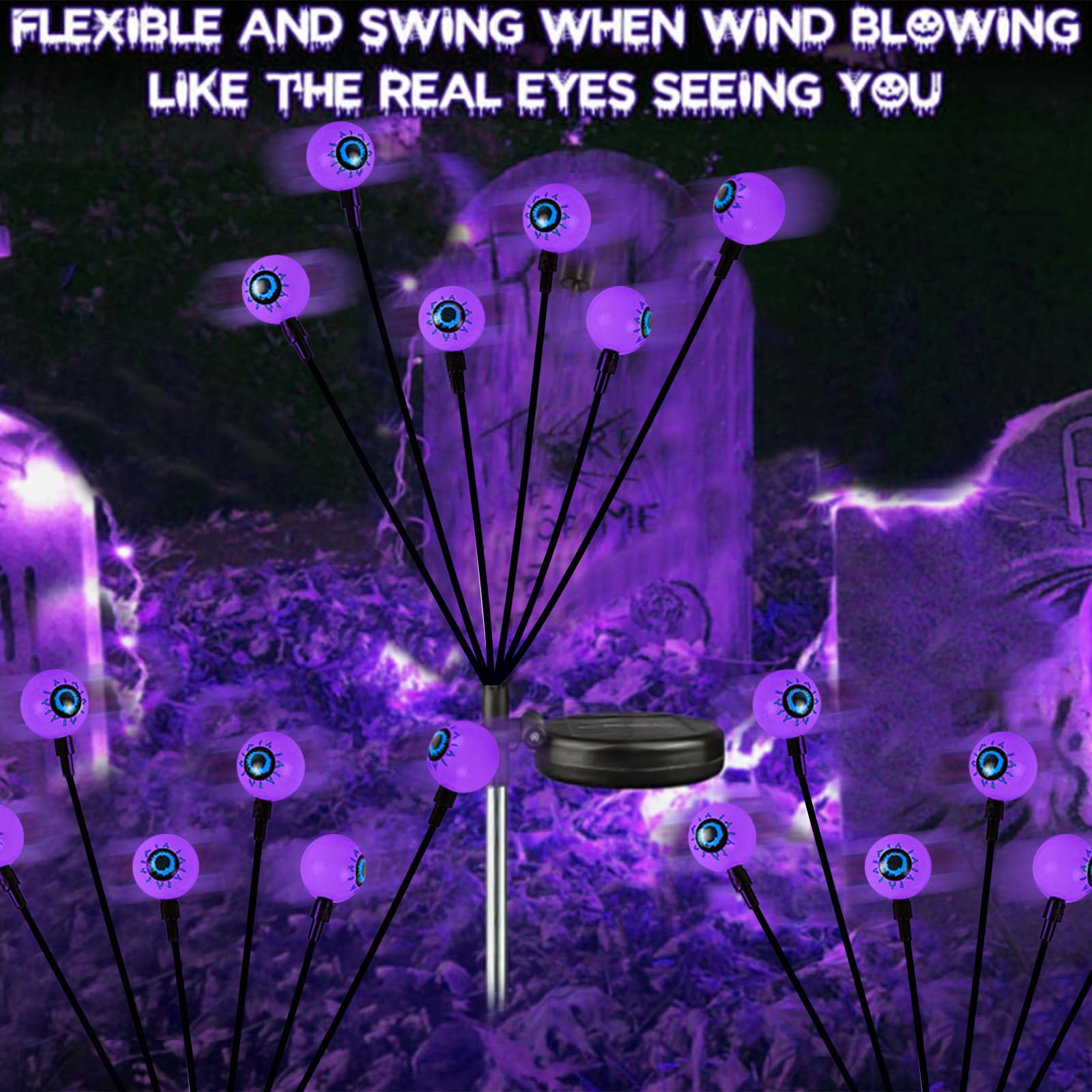 YIQU Solar Halloween Lights - 6 Pack 36 LED Purple Eyeball Lights, Waterproof with 2 Modes for Garden Pathway Decorations