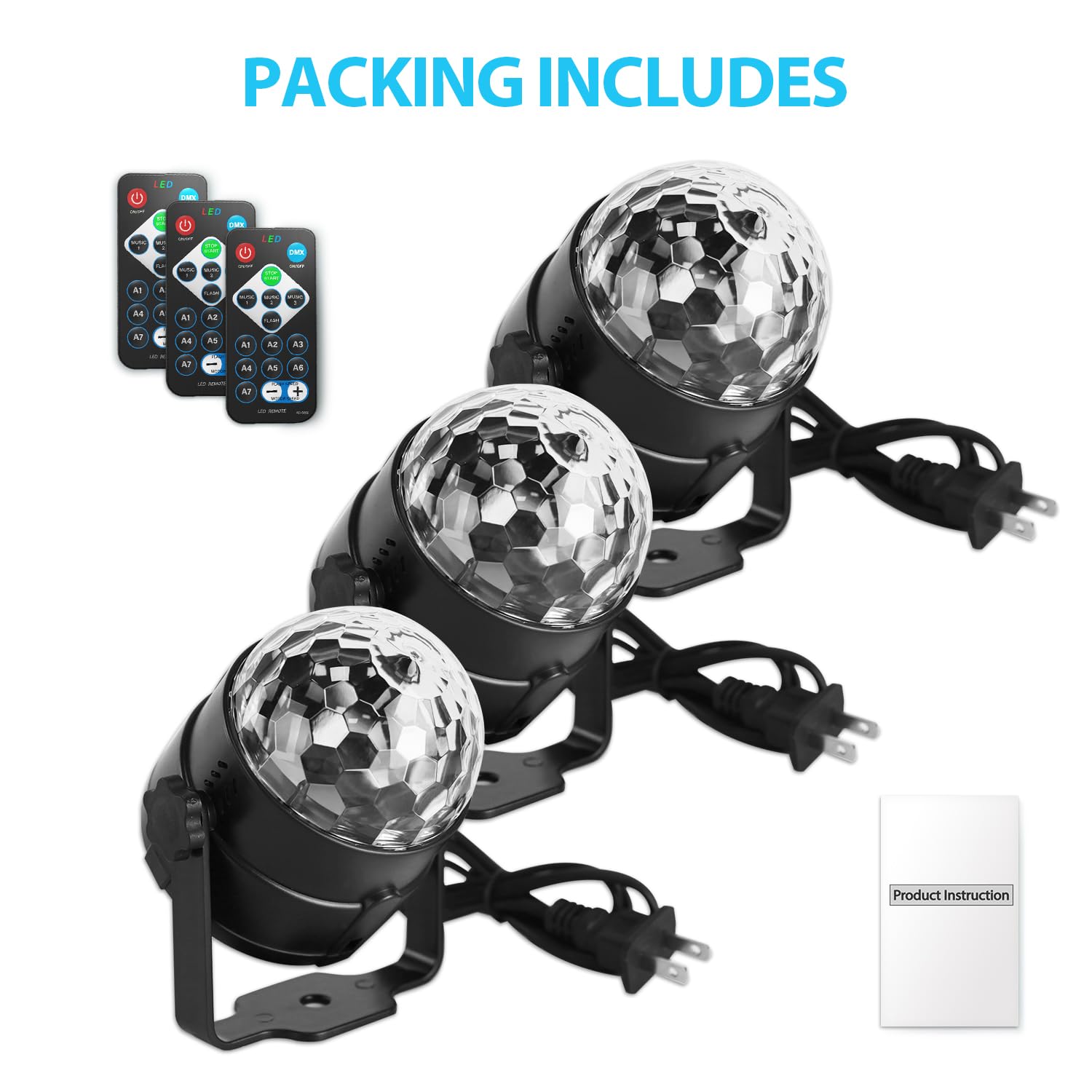 NEQUARE DJ Disco Ball Strobe Lights, 7 Colors, Sound Activated, 3 Pack, Remote Control, Multicolor, Model YU-WUTAIDNEG-3B