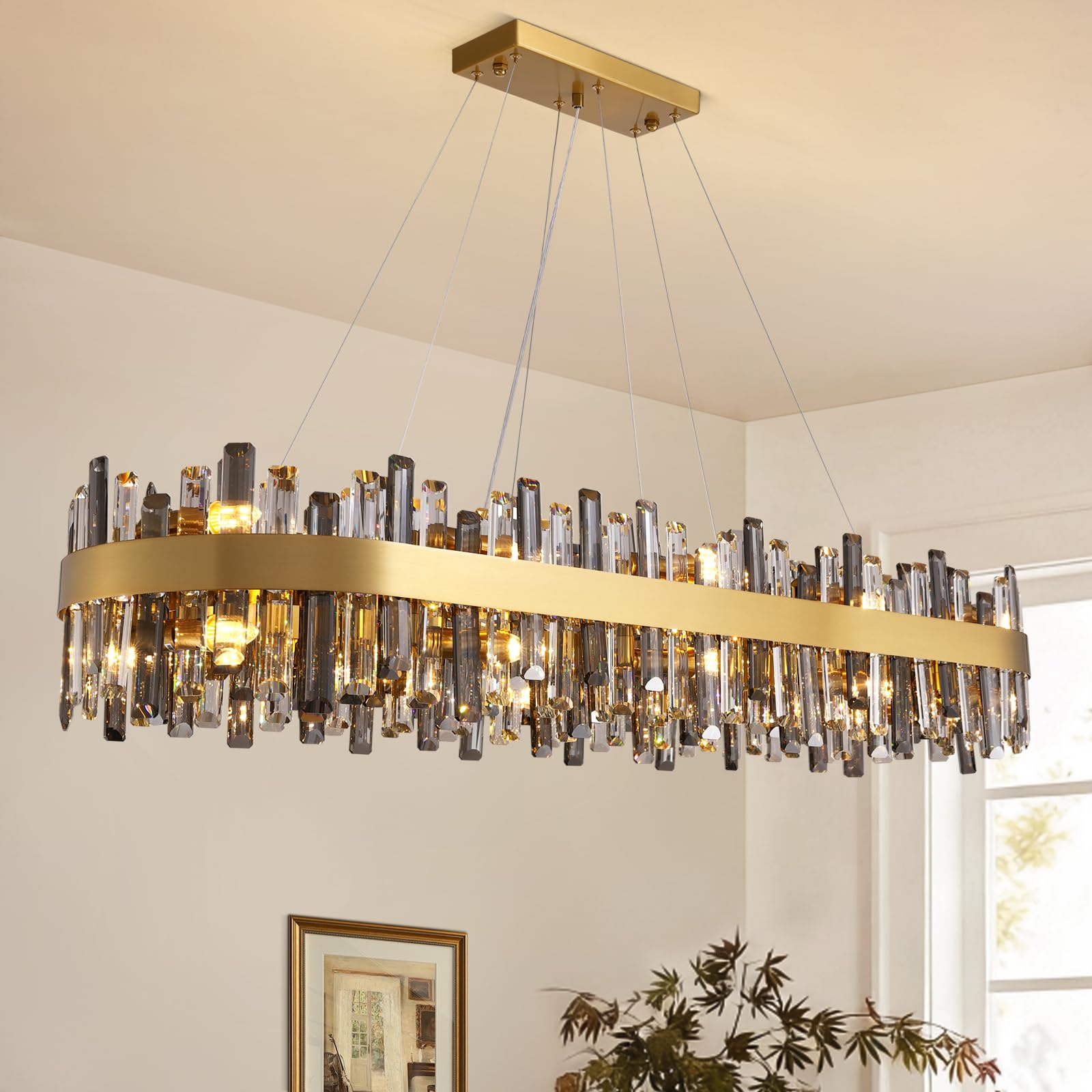 Siljoy Gold Crystal Chandelier for Dining Room  Large Modern 2-Tiers K9 Crystal Raindrop Chandelier  20 Lights Elegant Adjustable Hanging Ceiling Light for Living Room Kitchen Island Bar L52