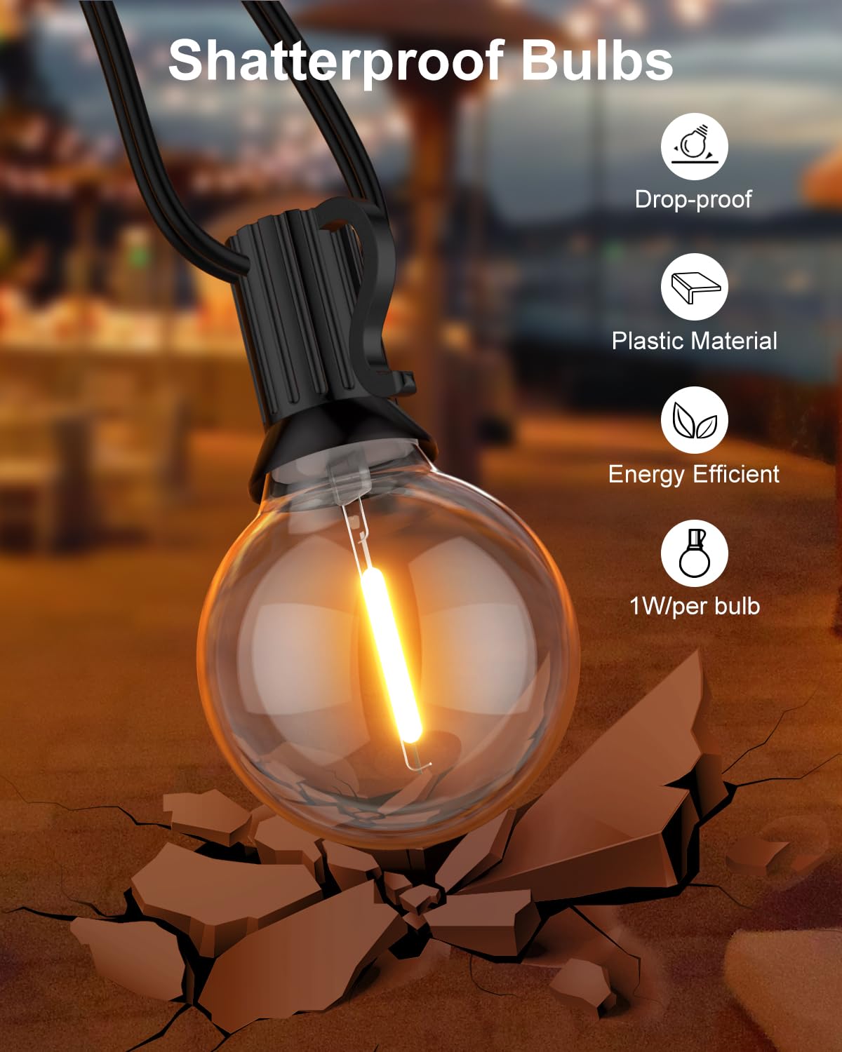 GLUROO Outdoor String Lights, 60FT LED Patio Lights, 32 Bulbs, Waterproof, 2700K Warm White, G40-Black, Model O301
