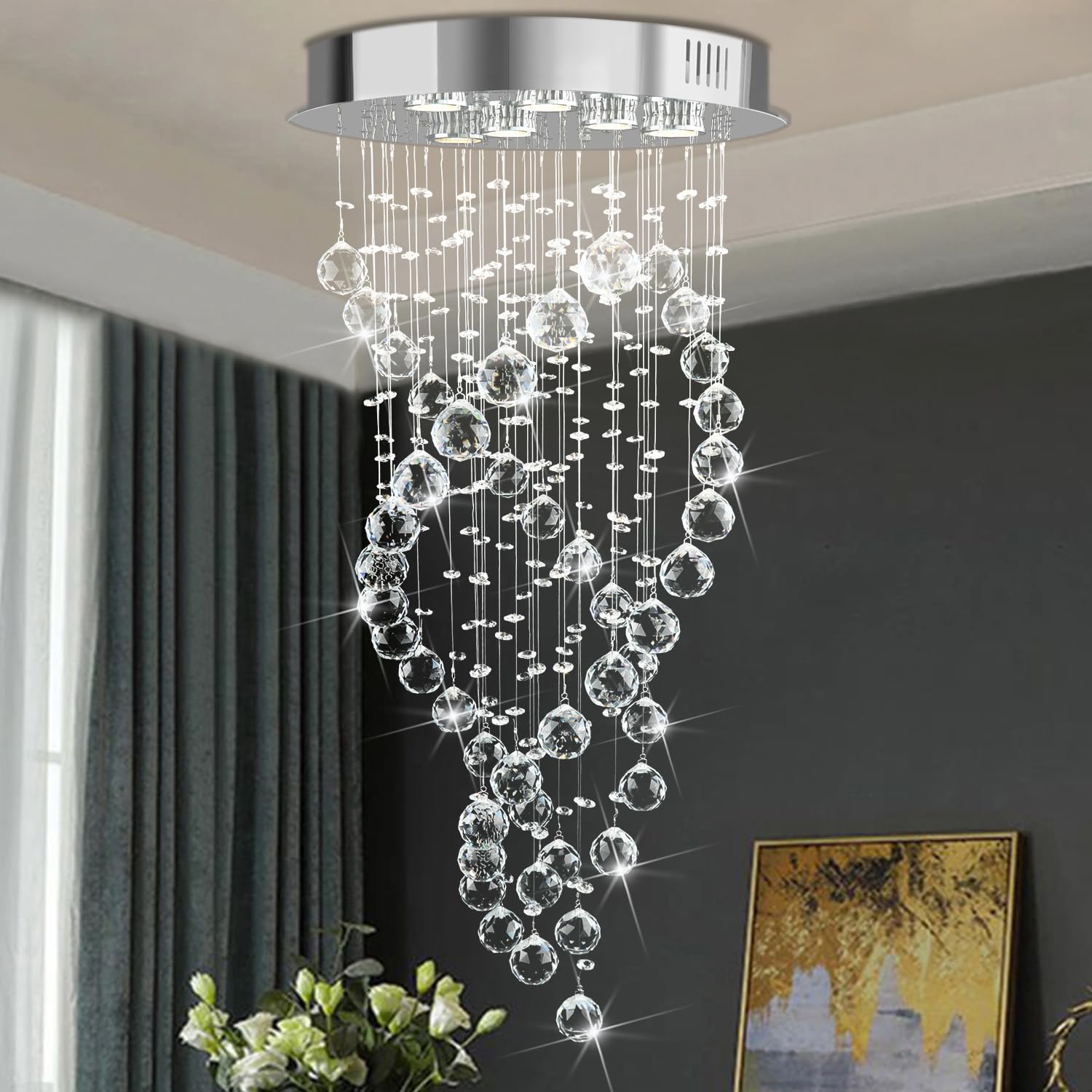 Modern Elegant 6-Lights Spiral Raindrop Crystal Chandeliers for Dining Room  k9 Crystal Ball Flush Mount Ceiling Light Fixture for Living Room Bedroom Bathroom Hallway Staircase of CRYSTOP