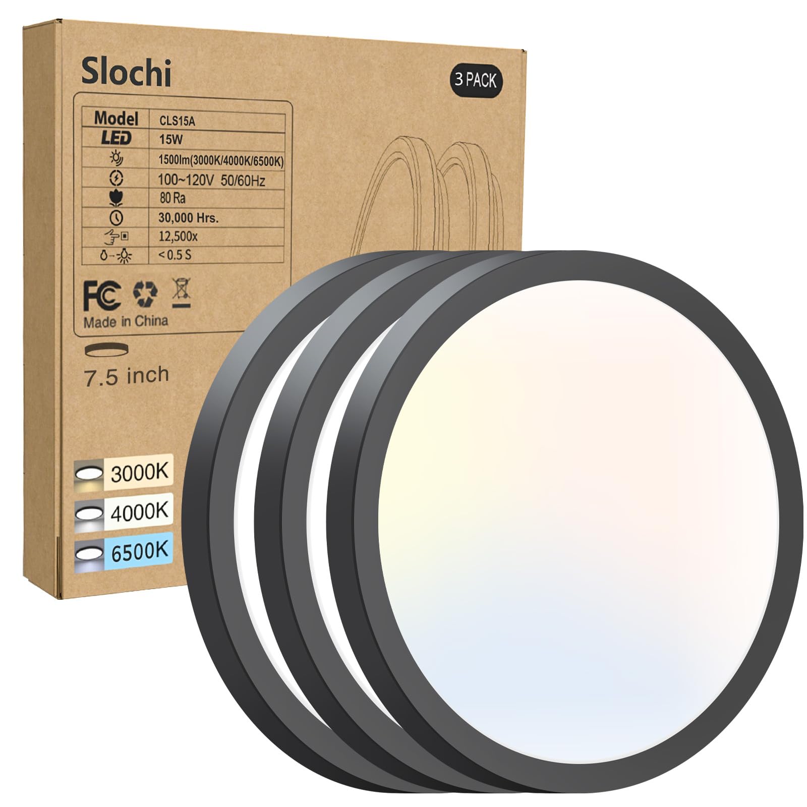 slochi 7.5 Inch Ceiling Light Fixture, Ultra Thin LED Flush Mount, 3000K-4000K-6500K, 3 Pack, Black