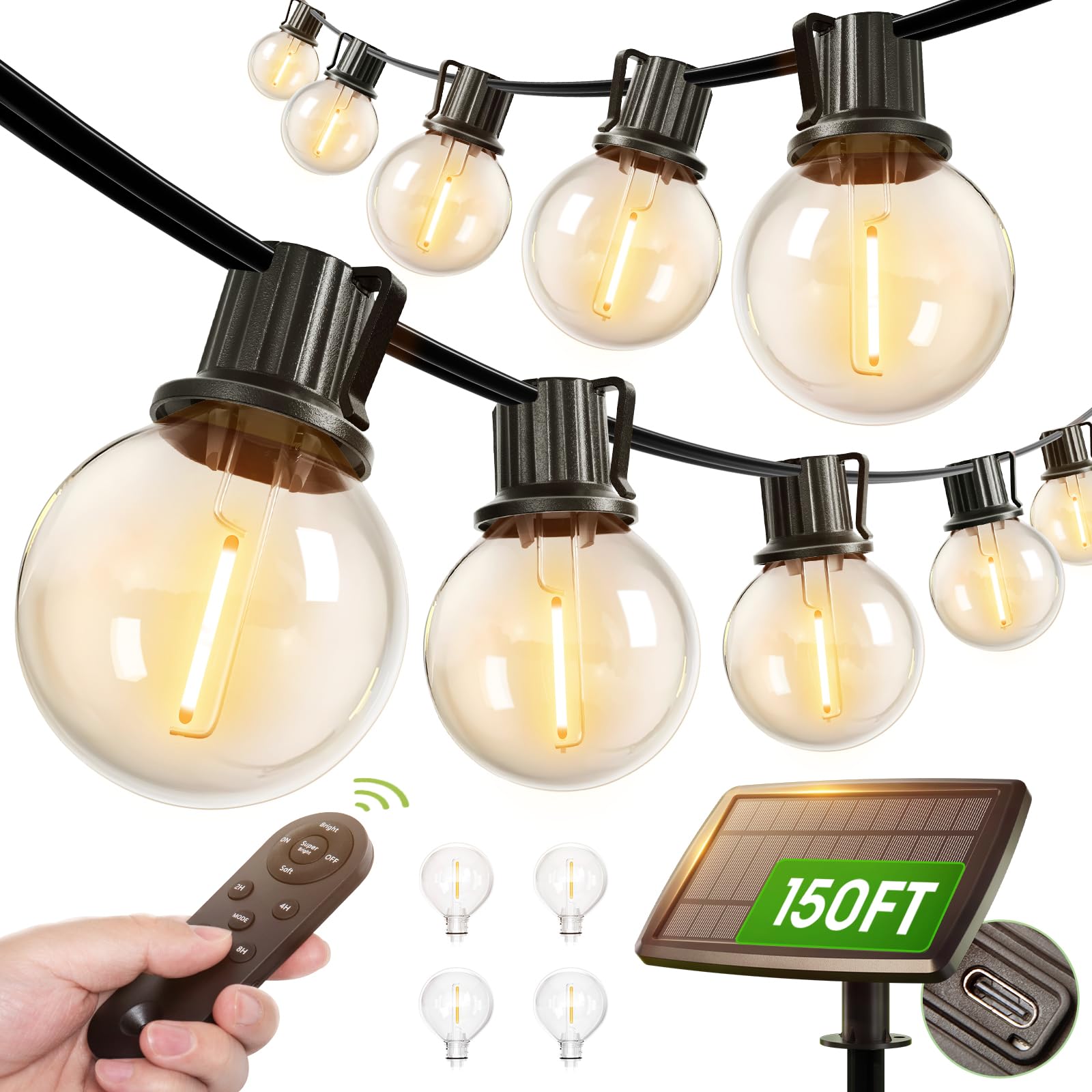 addlon Solar String Lights 150FT Waterproof Black Remote Dimmable 80 LED Commercial Grade Model SE177538X2