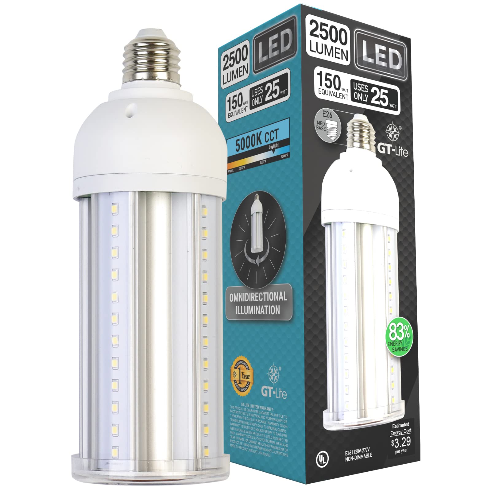 Gt-Lite 25W Led Corn Cob Bulb, 2500 Lumen, Daylight 5000K, E26 Base