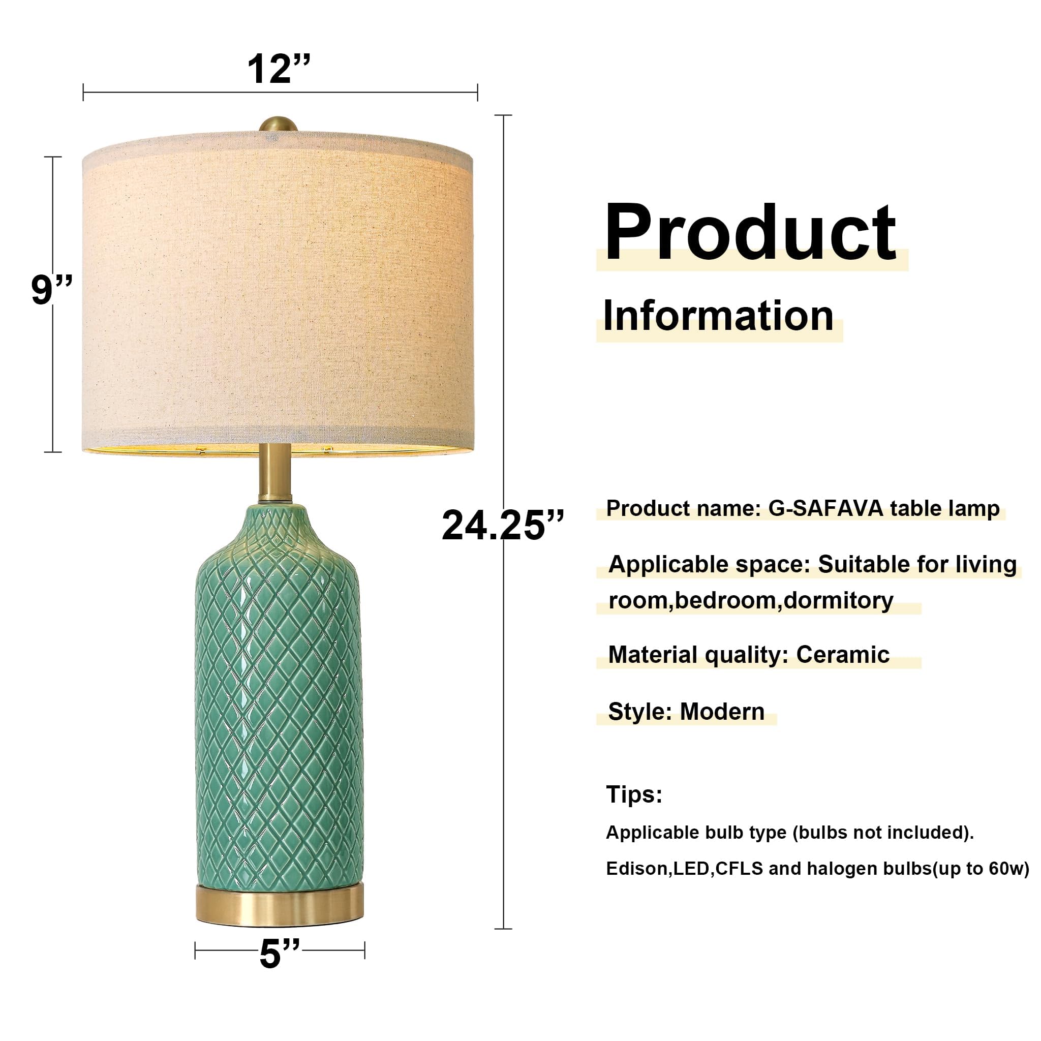 G-Safava24.25 Modern Ceramic Green Table Lamps Set Of 2 For Living Room  Farmhouse  Bedside  Bedroom  Side & End Tables Nightstand Light Home Office Desk Lamps Gifts