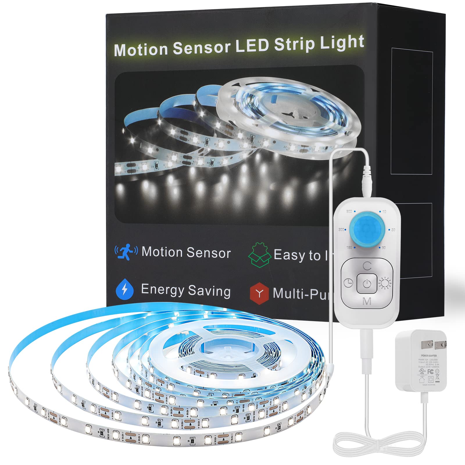 Feuymoent Motion Sensor LED Light Strip, 16.4ft, Cold White, Adjustable Brightness and Timing, Model SL-5M-S01
