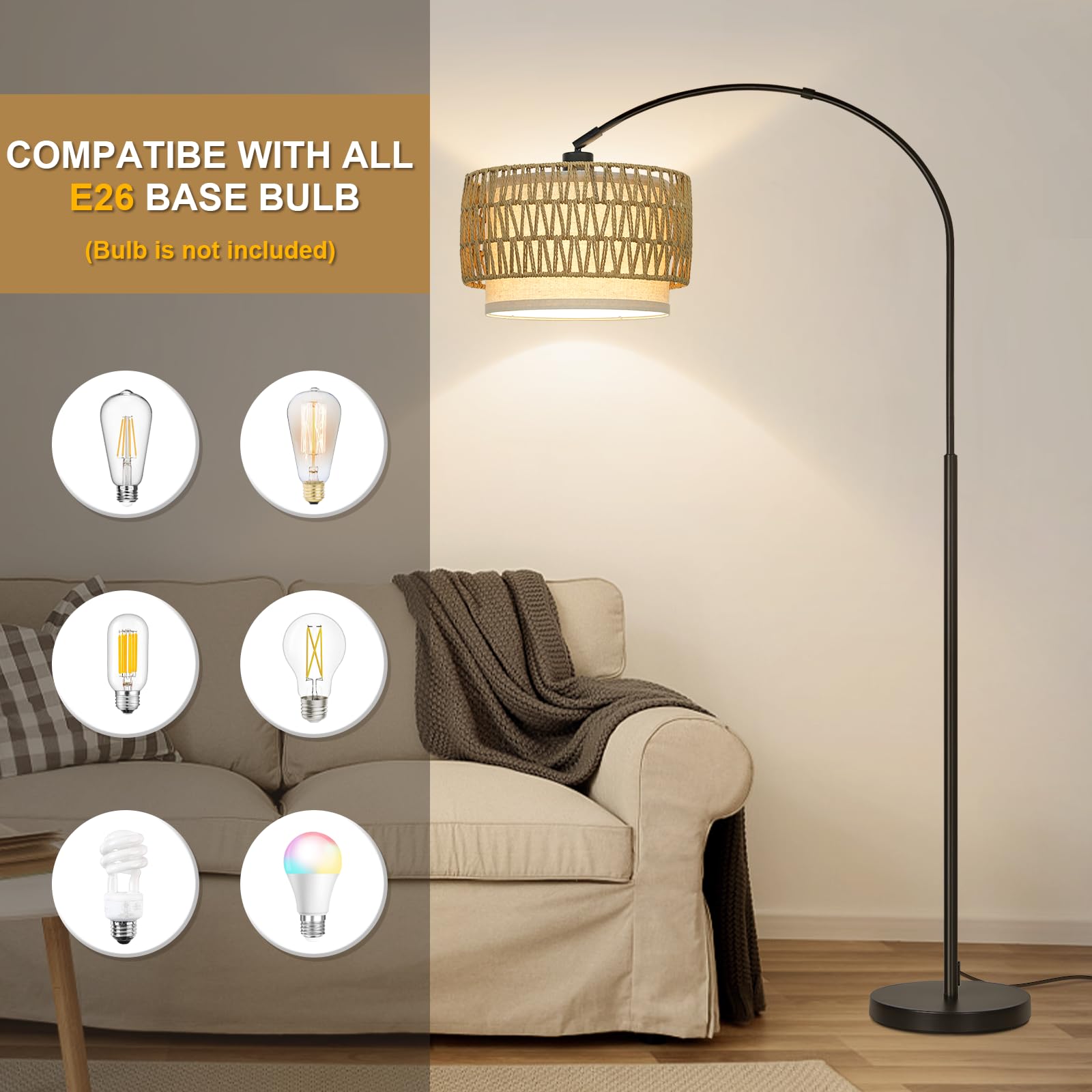 Rattan Floor Lamp, Arc Floor Lamps For Living Room, Farmhouse Standing Lamp With Adjustable Hanging Fabric Shade, Tall Pole Lamp