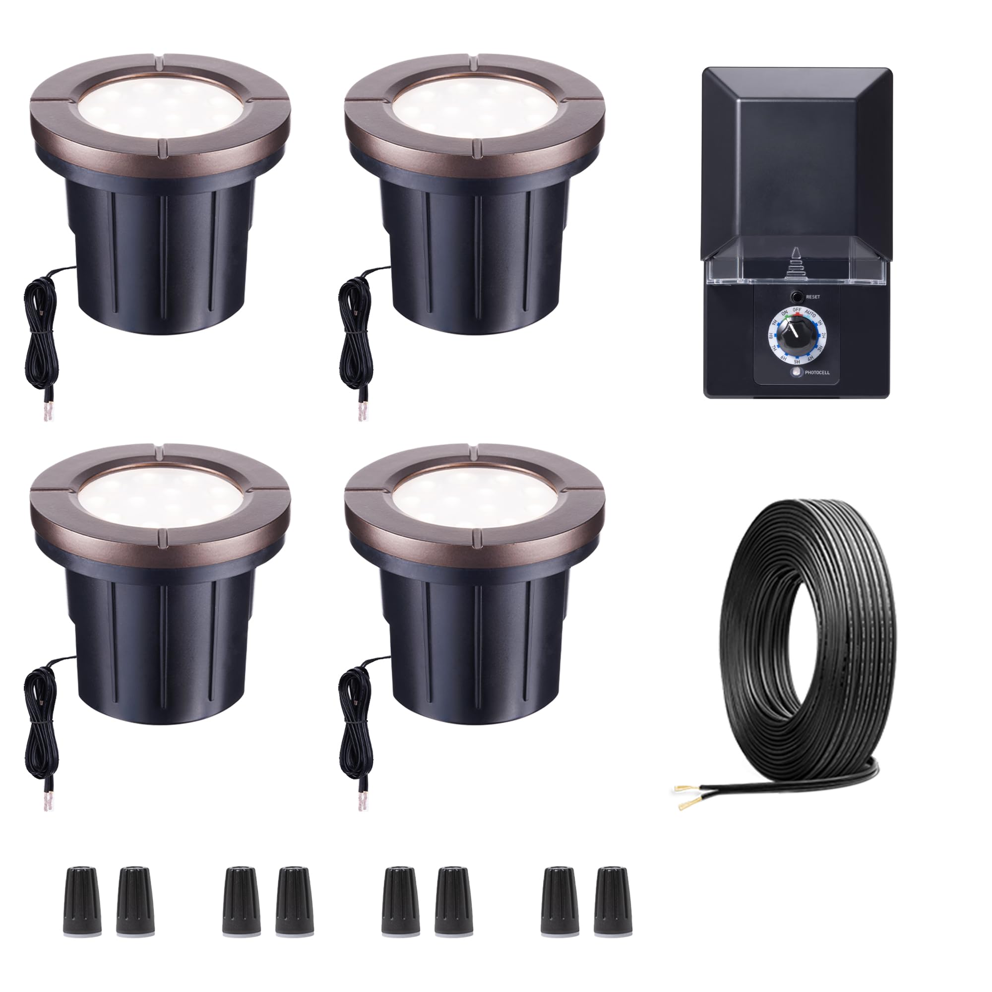 Varmtalys Landscape Well Lights Kit, 4 Pack LED Low Voltage Ground Lights and 100W Transformer and 100FT Cable and 20 Wire Conne