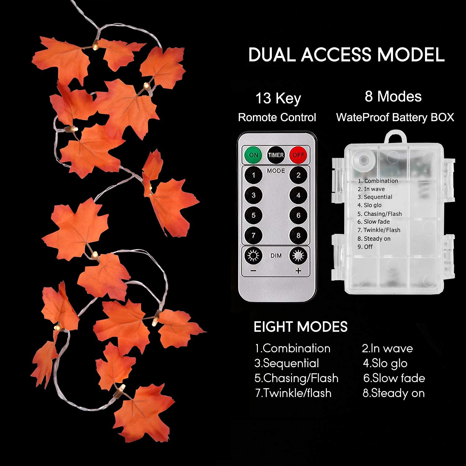 Maple Leaves Fall String Lights - 40LEDs 20ft/6m Thanksgiving Day Decorations Waterproof Battery Powered Indoor/Outdoor Lighted