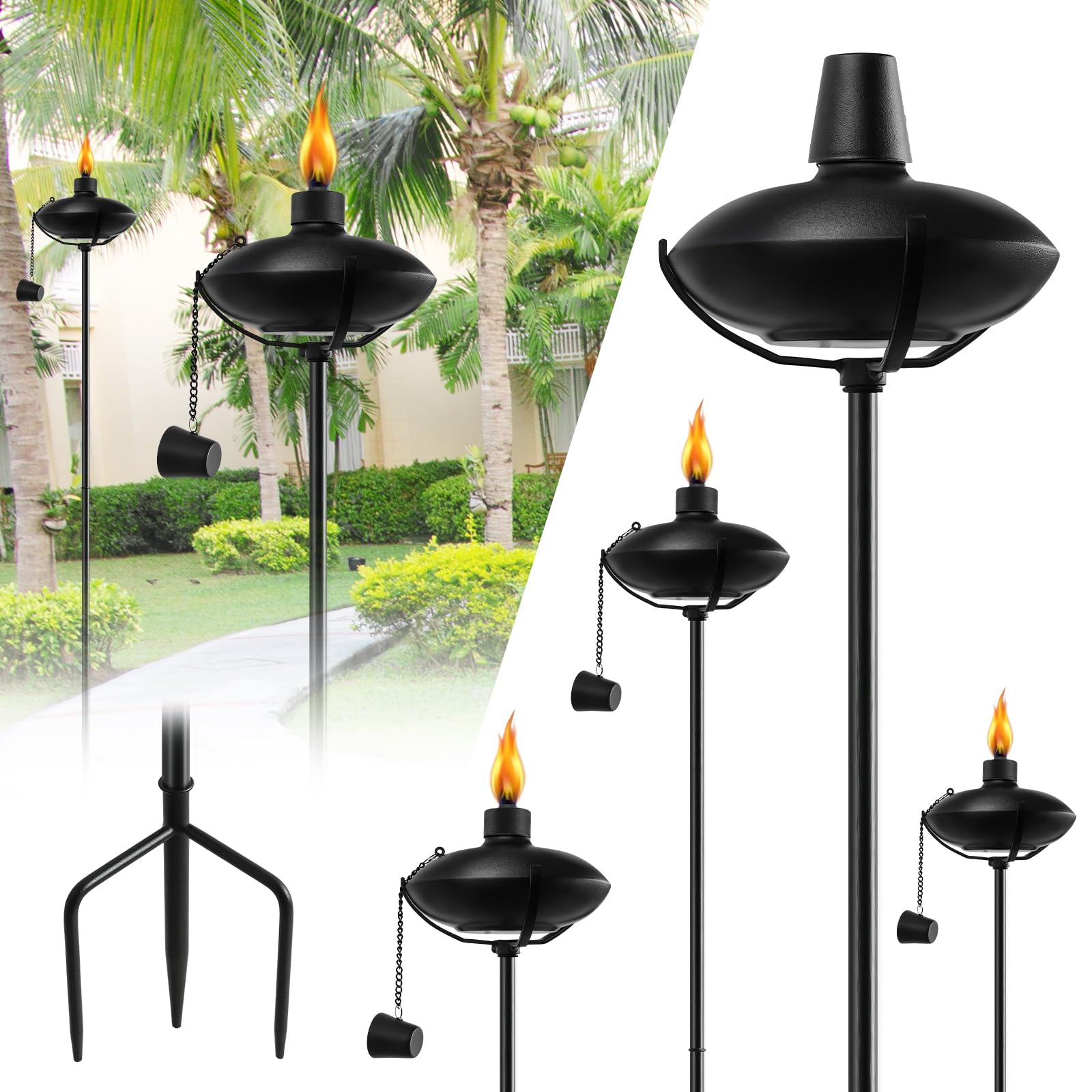 Fan-Torches 6 Pack Citronella Garden Torches, 55-Inch Metal Outdoor Décor With 3-Prong