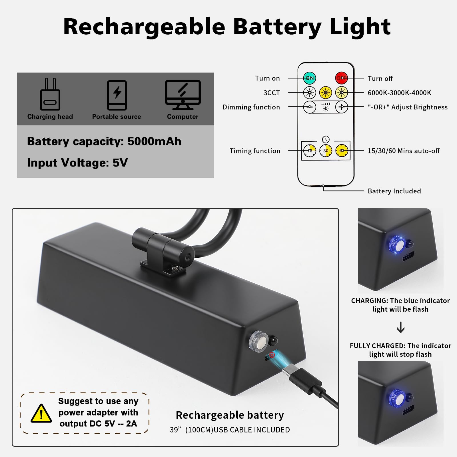 Joosenhouse Battery Operated Picture Light 5000Mah Rechargeable Black Art Light 15.7'' Wireless Picture Lights For Wall With Rem