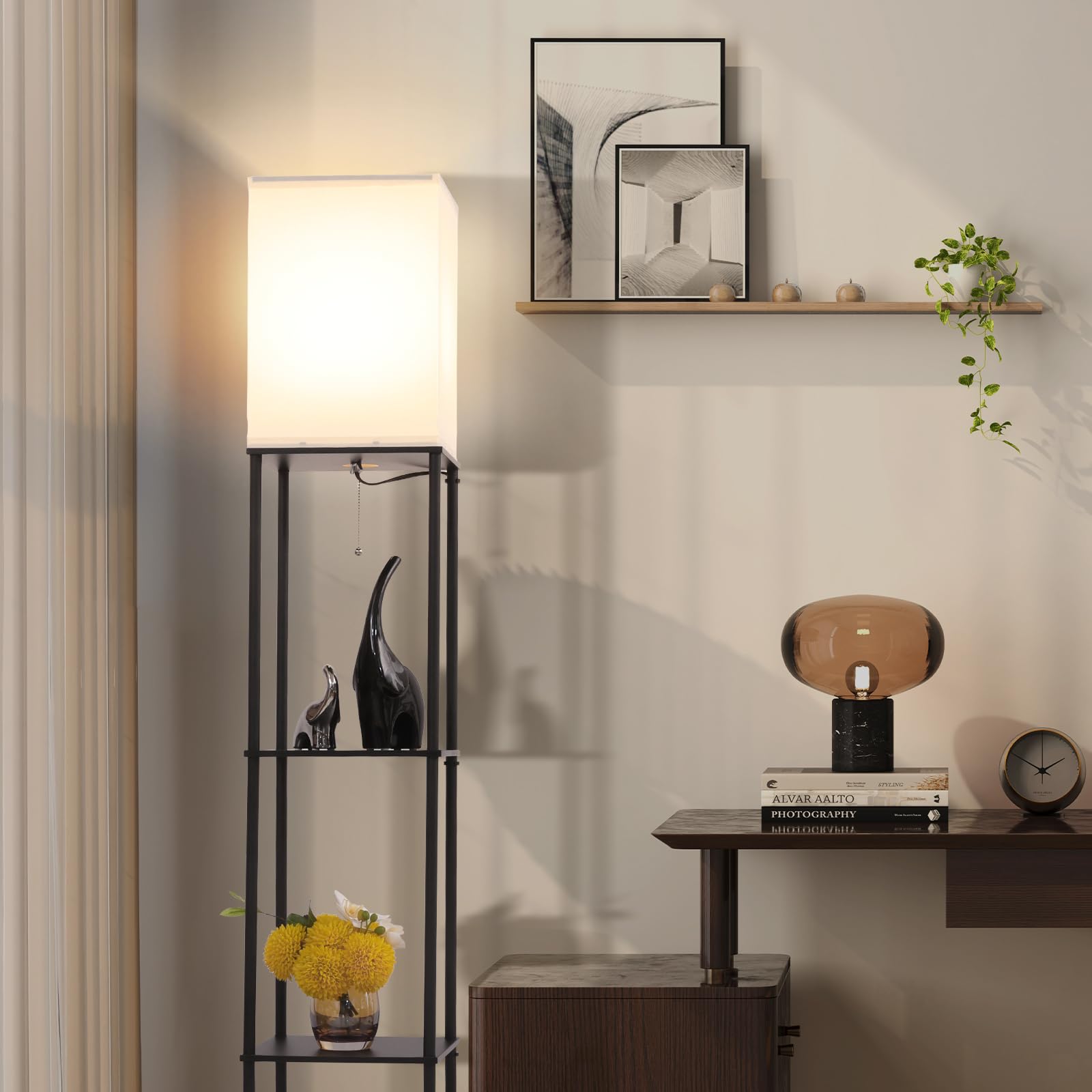 Gupuzm Floor Lamp with Shelves, Modern Dimming Bulb, Corner Display, Black-9YK, Model PFL-007