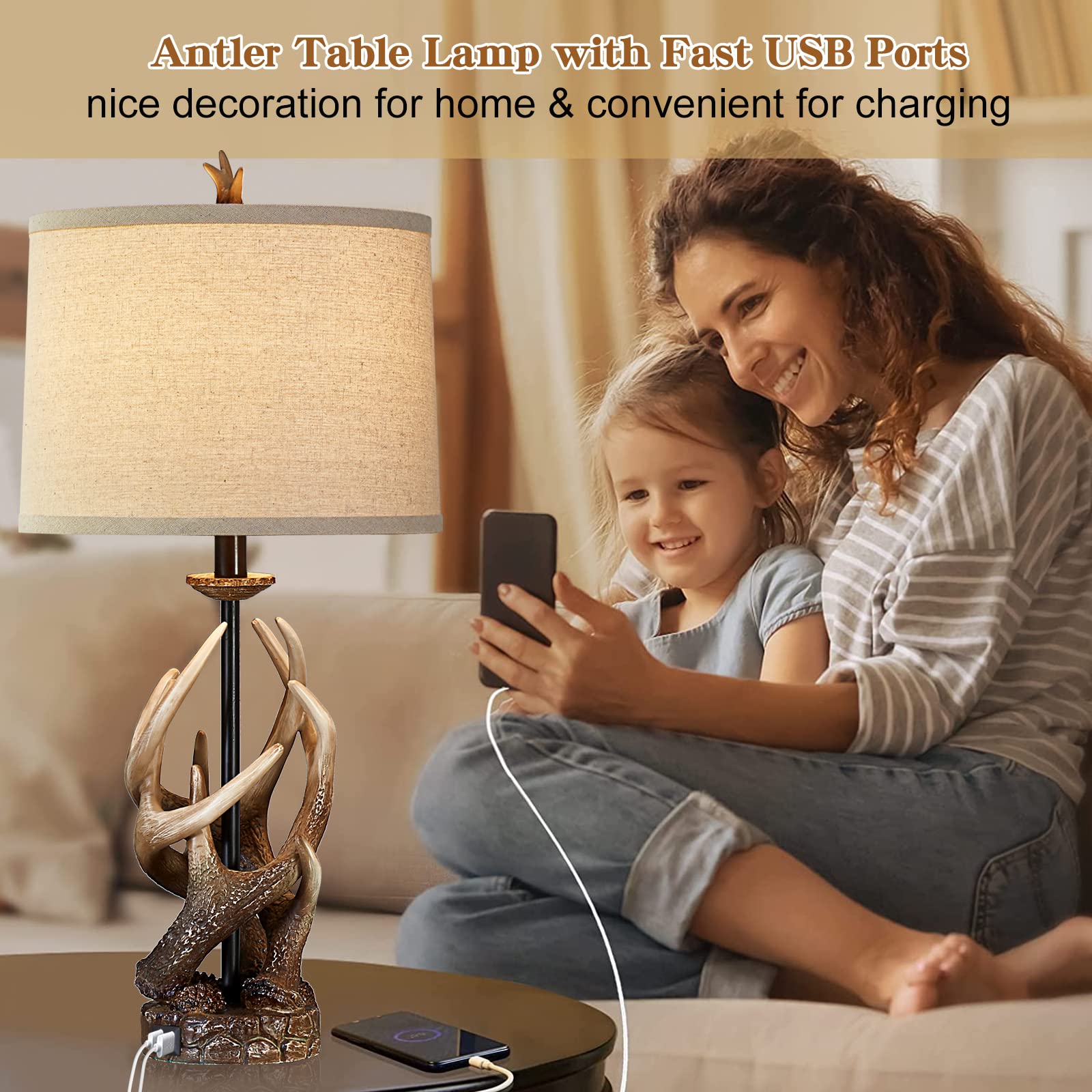 Huitico Rustic Farmhouse Table Lamp For Living Room End Table Deer Antler Lamps With Usb Ports 28'' Tall Western Lamps For Bedro