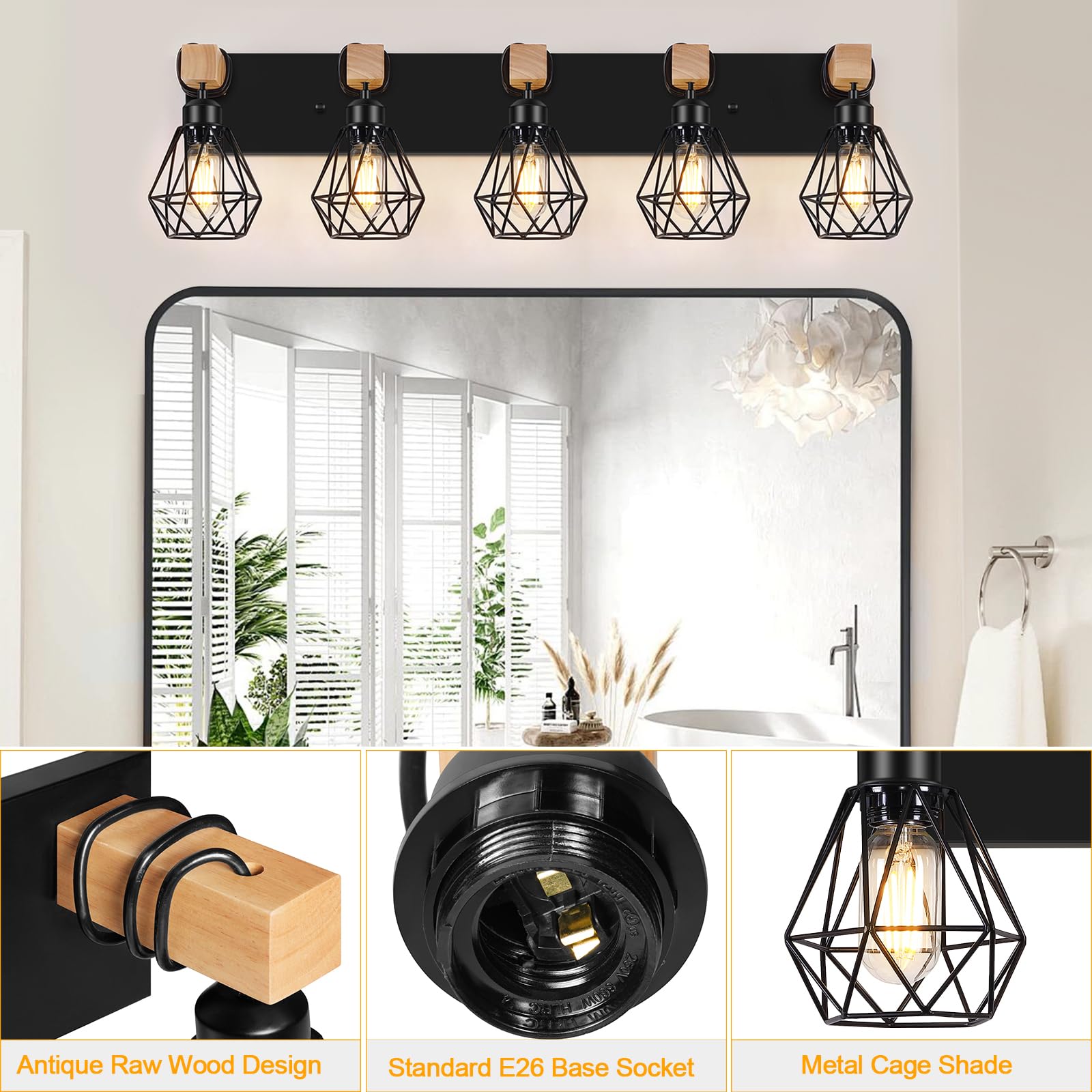 FadimiKoo 5-Light Wall Sconces, Black Metal Cage Vanity Lights, Rustic Bathroom & Living Room Lighting, Model ZSLZ-5