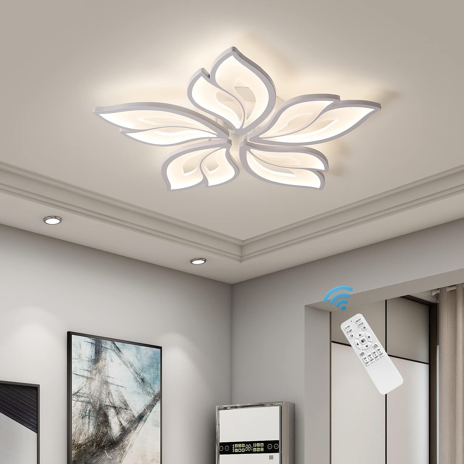 Garwarm Modern Ceiling Light 27.1 LED Dimmable Chandelier Light Fixture 56W Flower Flush Mount Ceiling Lamp for Dining Room Living Room Bedroom Kitchen Office Entryway Hallway Lighting Fixture White