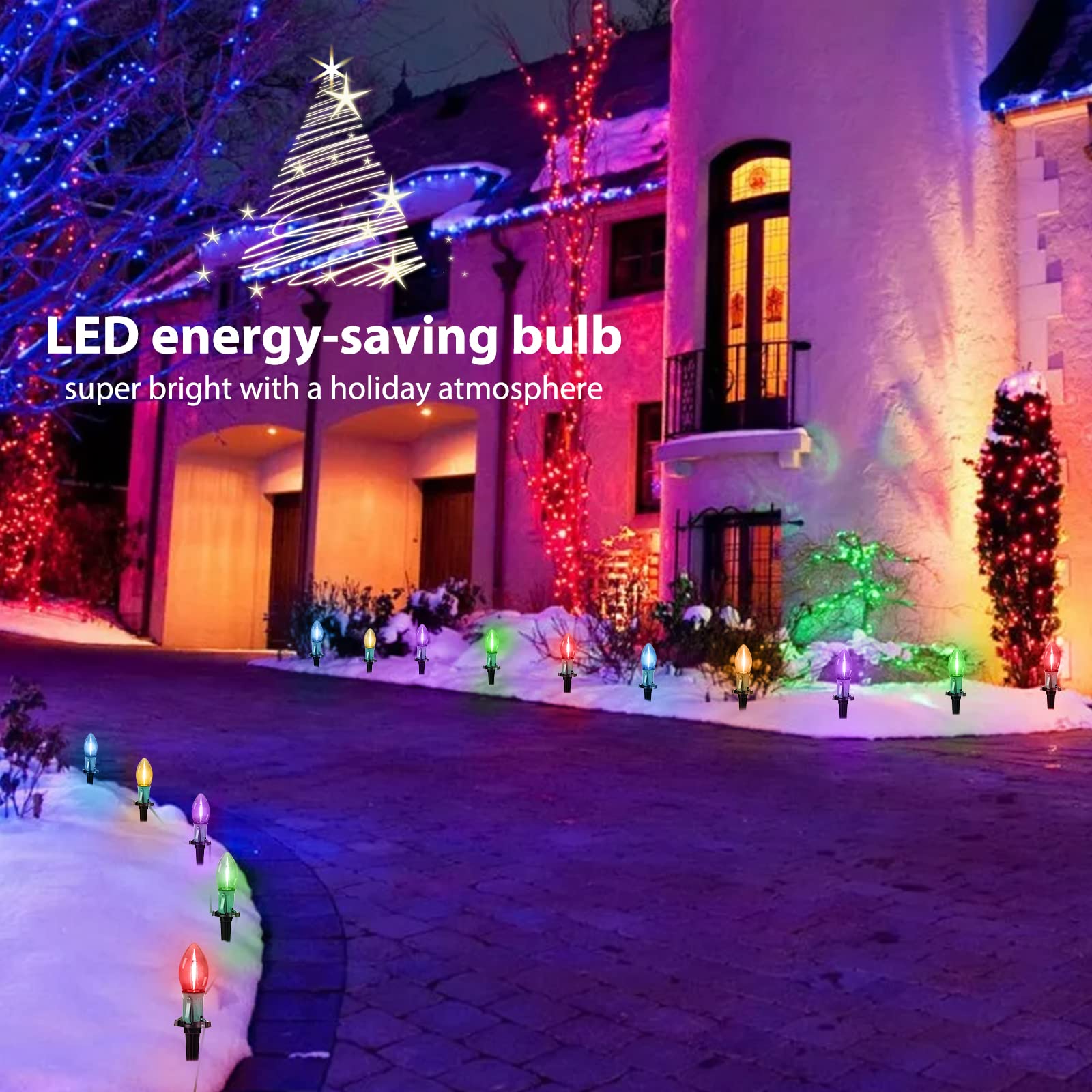 C9 Christmas String Lights Outdoor - 25.7 Feet 20 Led Christmas Pathway Lights With 20 Stakes Connectable Waterproof For Drivewa