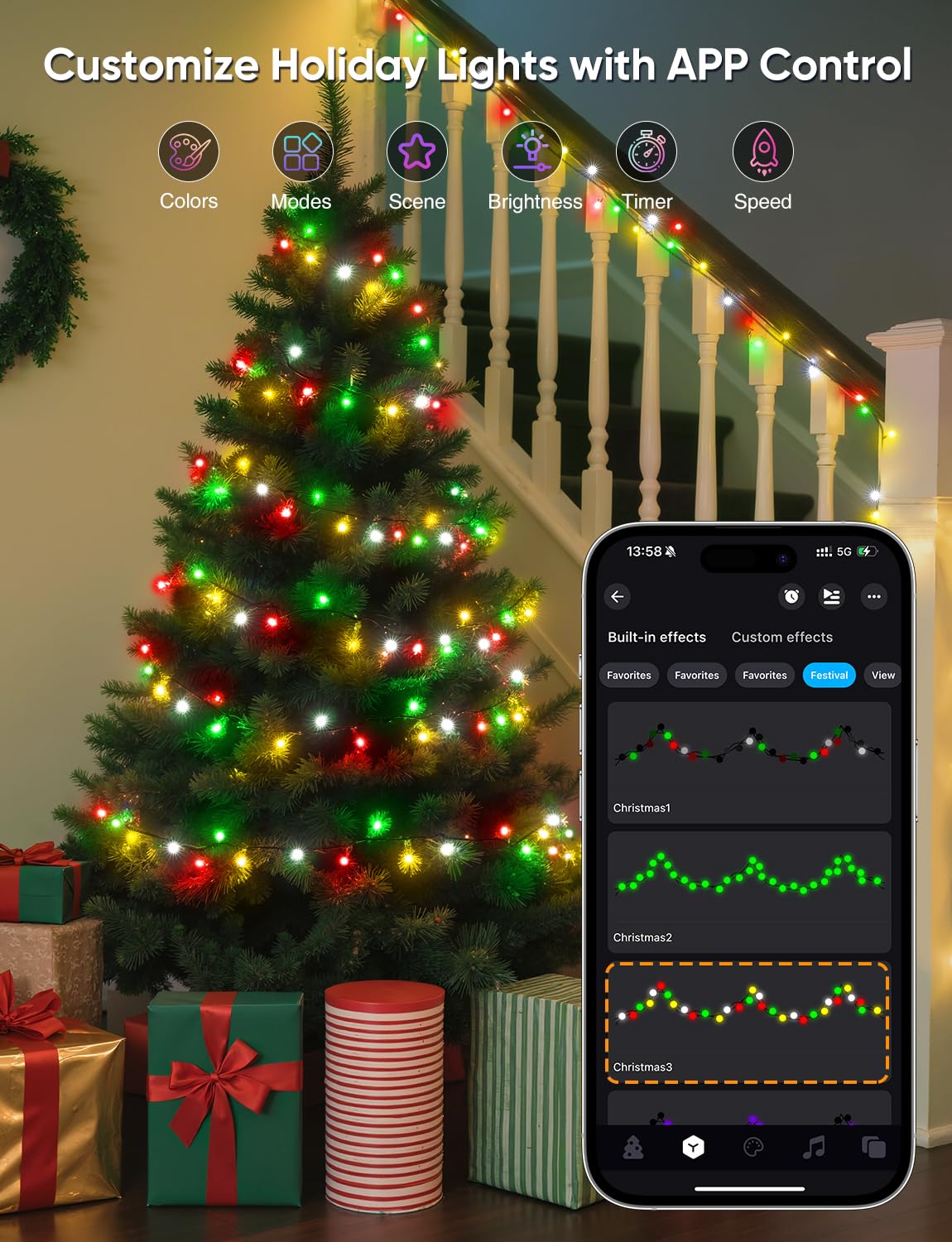 Ollny Smart Christmas Lights, 66FT 200 LEDs APP Control RGB Color Changing Christmas Tree Lights with Remote, Programmable DIY M