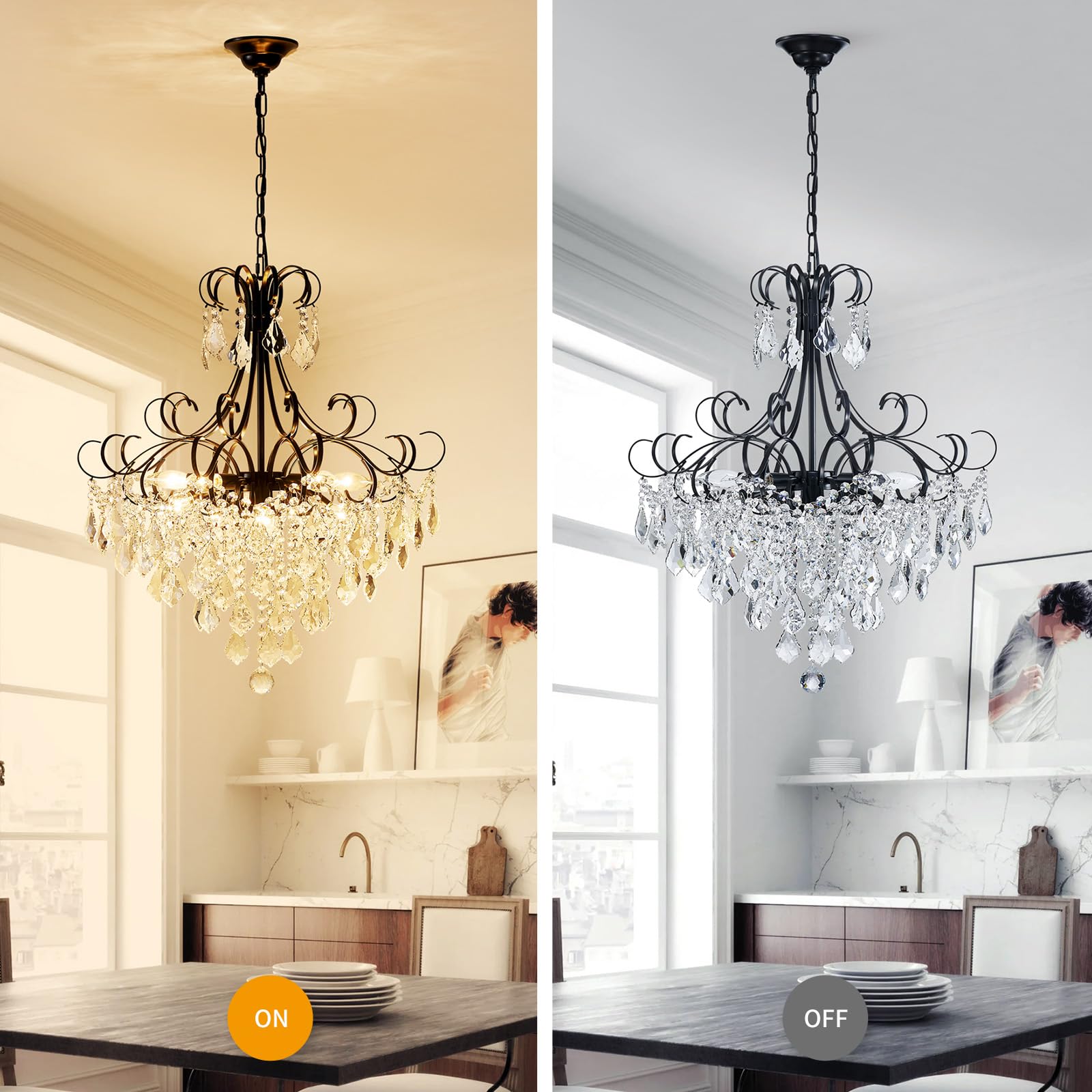 WUZUPS Crystal Chandelier Pendant Light 10-Light E12 Base Metal 27.6in H x 22.8in W Black CAHD30502B