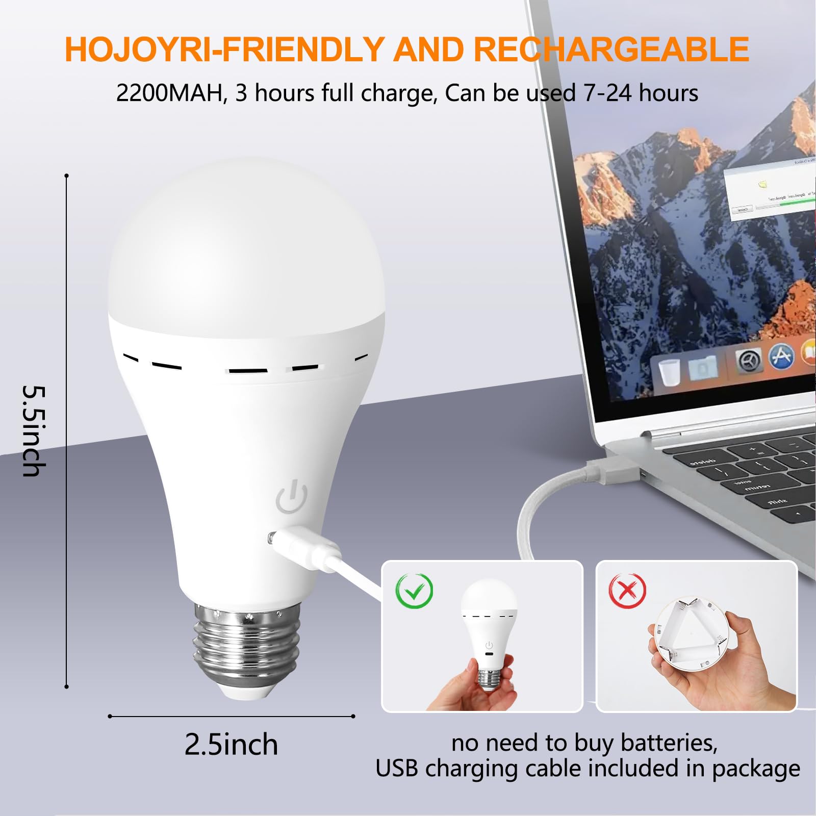 HOJOYRI Rechargeable Light Bulbs 4-Pack with Remote Control, Dimmable LED, E26 Cordless Battery Operated, 2200mAh, Plastic, Wireless