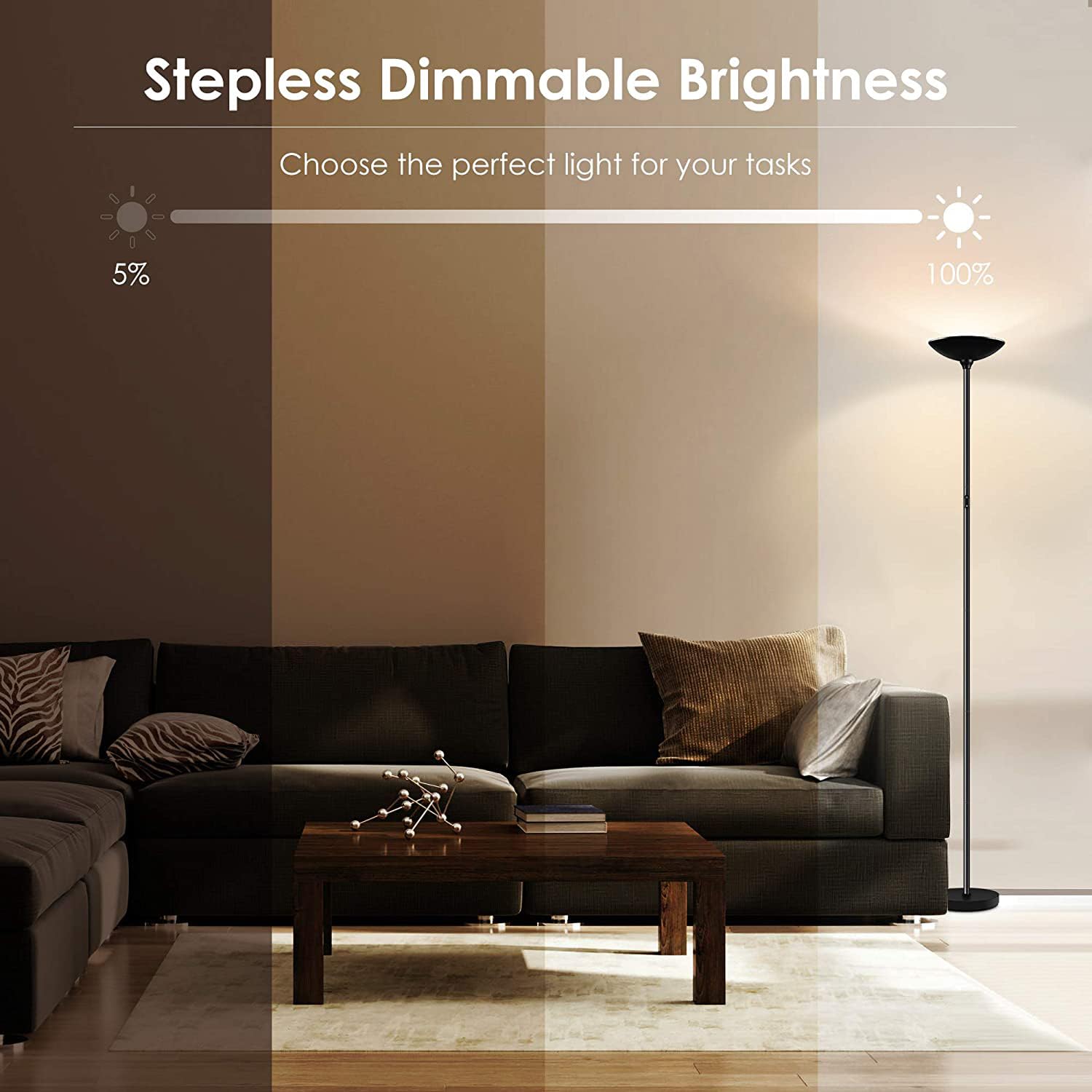 BoostArea LED Torchiere Floor Lamp, 20W 2000LM, Dimmable Touch Control, 3000K, Metal, Black, Model B0501