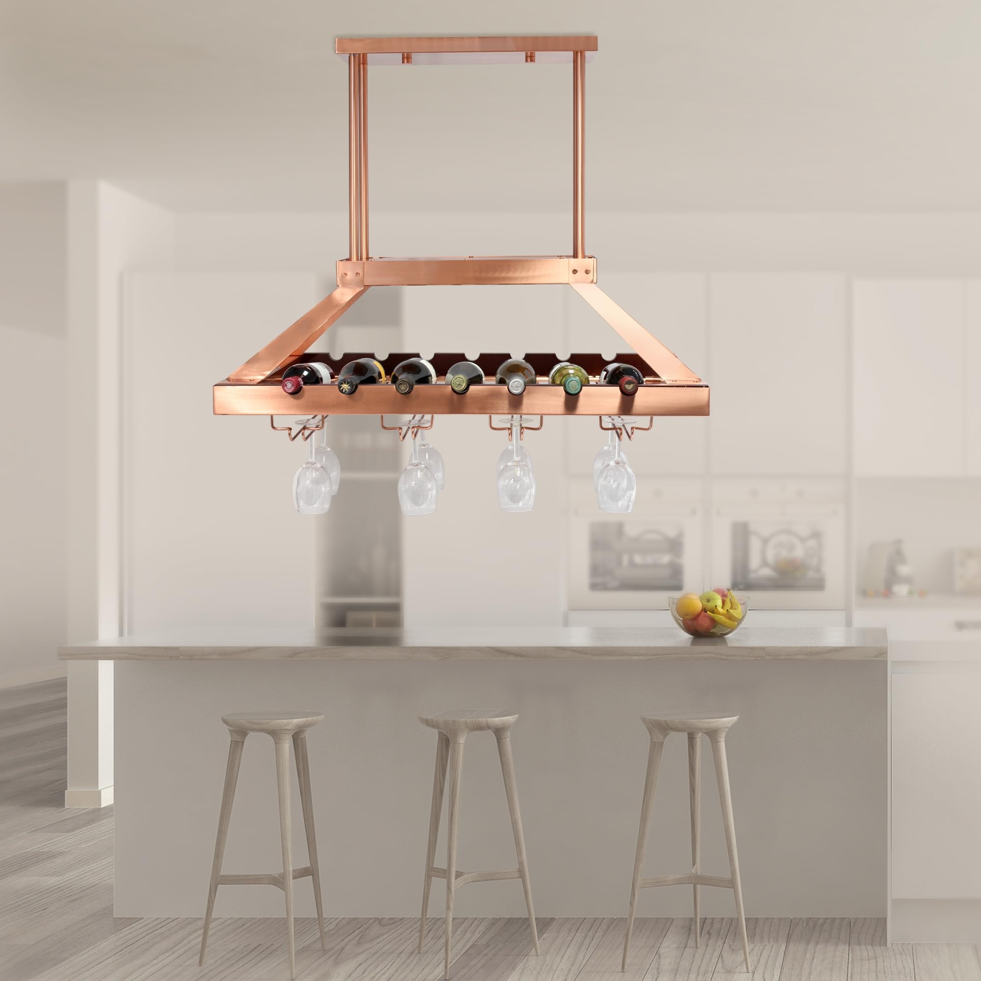 Elegant Designs Wr1000-Cpr Kitchen Hanging Led Light Overhead Wine Rack Island Pendant Chandelier Bottle And Glass Storage Display, Copper