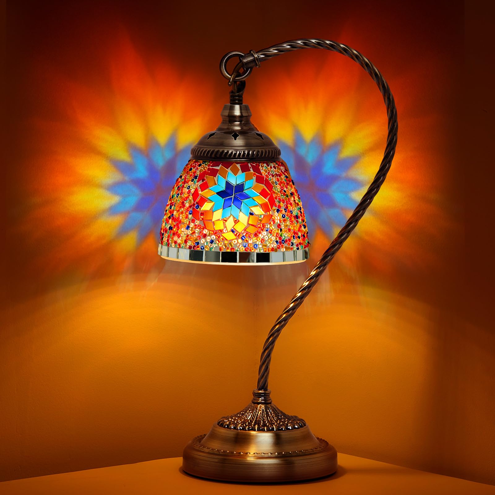 Baquler Turkish Moroccan Table Lamp Handmade Glass Swan Neck Bedside Lamp Bohemian Moroccan Decorative Night Light for Bedroom  Office  Living Room  Gift (Elegant Style)