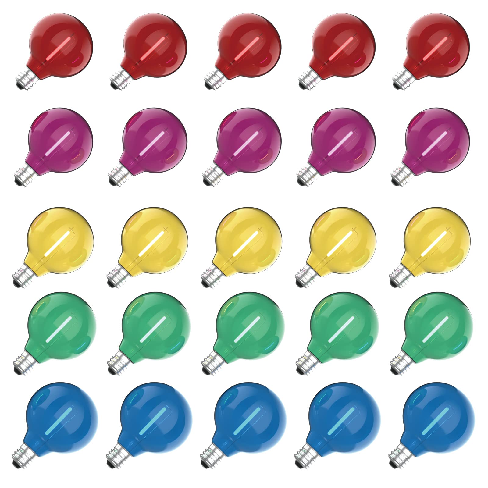Meconard G40 Colored LED String Light Bulbs, Shatterproof, E12/C7 Base, 25 Count, Multi-Color (Red/Green/Blue/Orange/Purple)