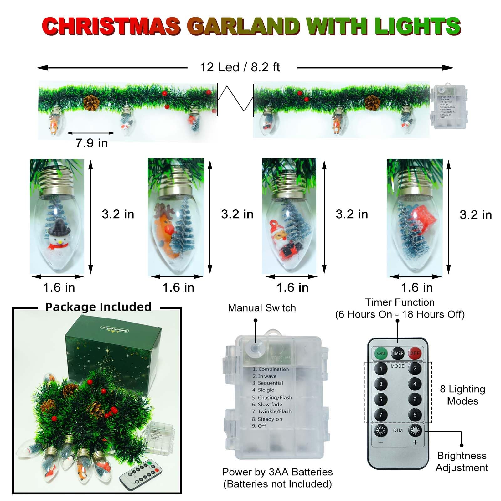 Christmas Garland With Lights, 8.2 Ft Battery Operated Powerd 12 Led Bulb String Lights Pine Cones Red Berry Decorations Lighted Lit Prelit Indoor Outdoor Window Home Mantle Fireplace Table Xmas Decor