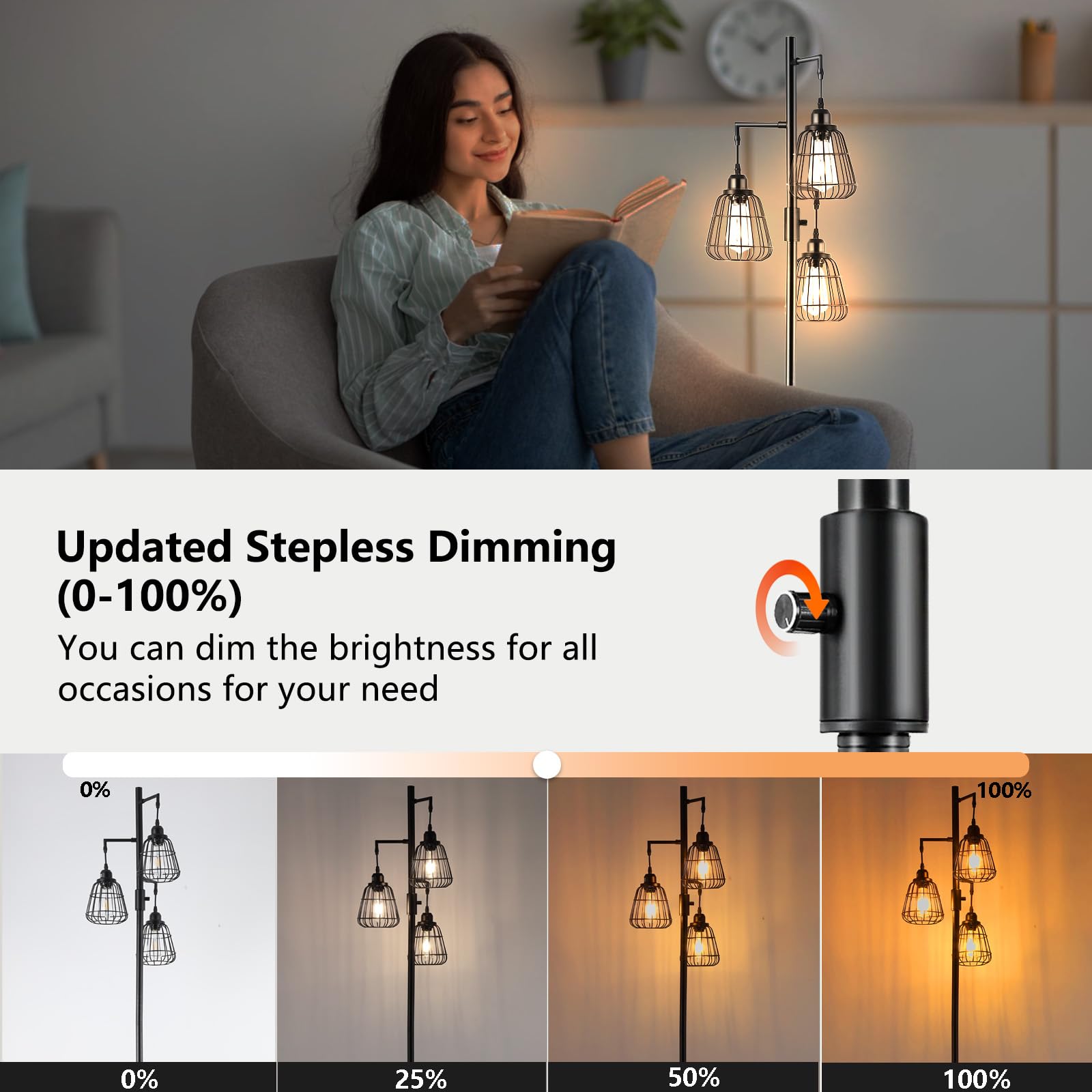 9Mmml 68Living Room Floor Lamp, Industrial Farmhouse 3 Teardrop Cage Standing Lamp,Black Tall Floor Lamp For Bedroom Office, 3 L