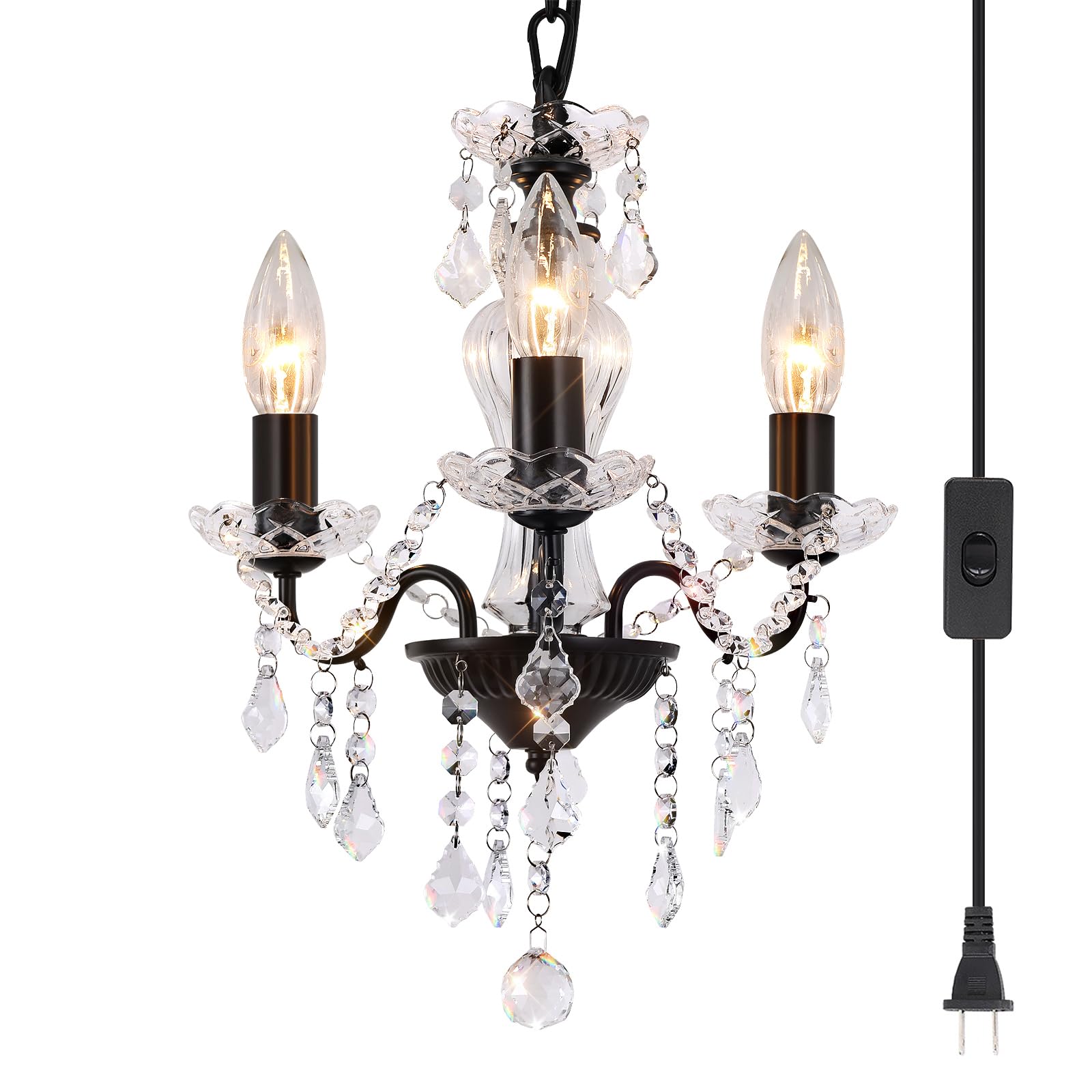 Chanlited Plug in Modern 3-Light Black Chandelier with Glass Crystals, Candle Style Pendant Light Fixtures for Living Room, Girl