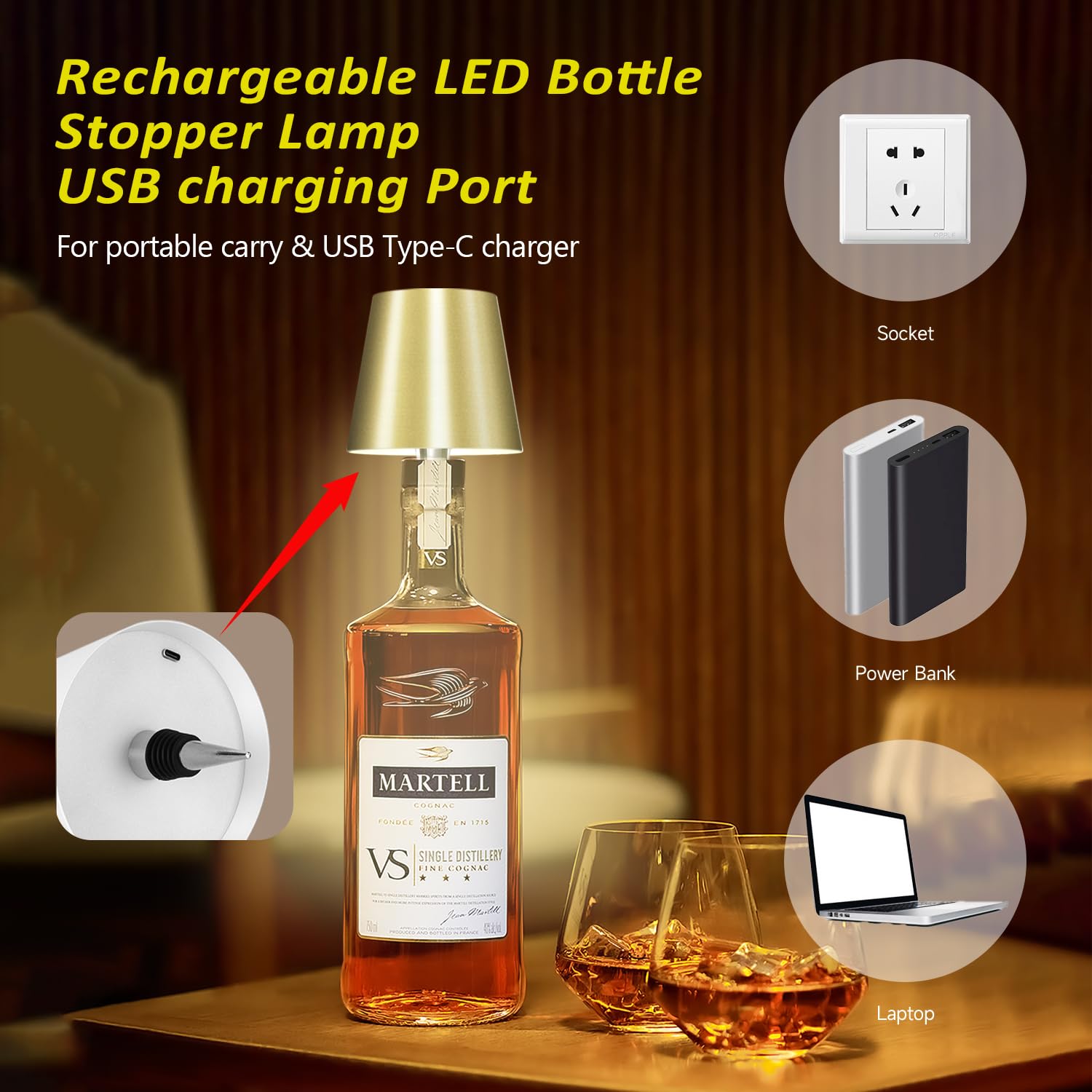 Hoide Wireless Bottle Lamp - LED Touch-Dimmable Night Light Kit, 5.7in, Mat Gold