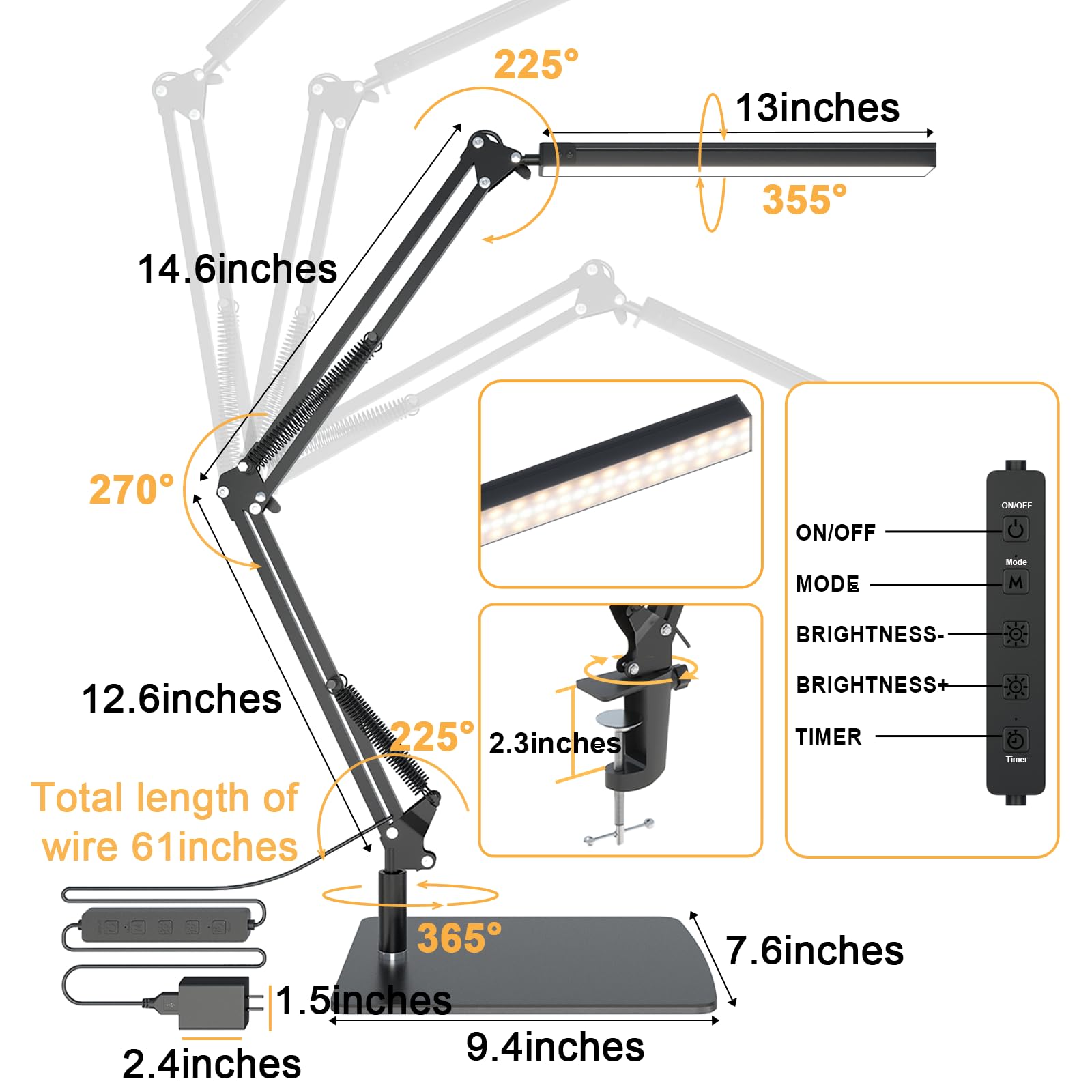 Tropicaltree Led Desk Lamp For Home Office And Round Base, Clamp-On With 5 Light Modes & Auto Shut Off | 14W Adjustable Brightne