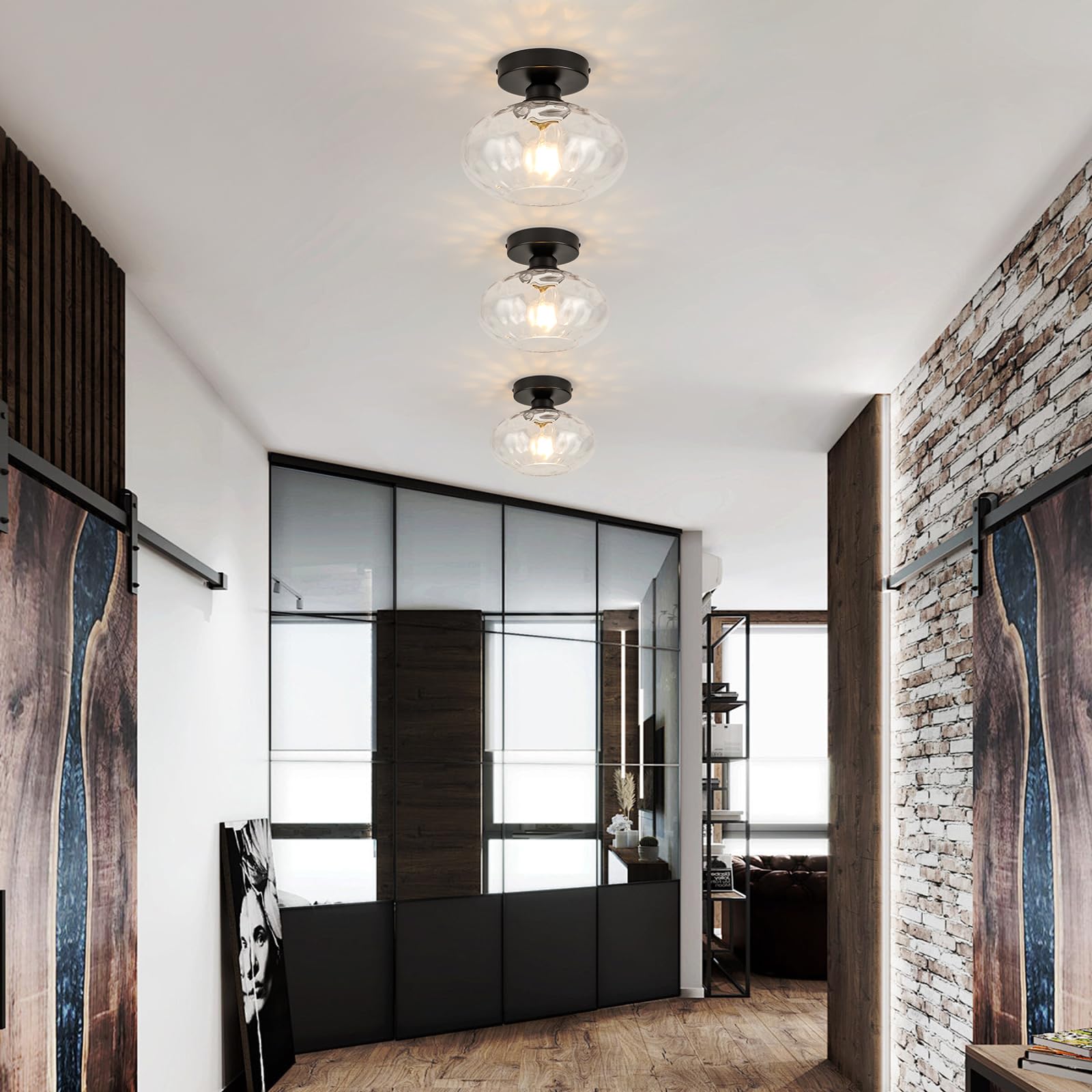 Wilon Industrial Semi Flush Mount - 8.66'' Hammered Clear Glass Ceiling Light Fixture - Black Bathroom Light - Kitchen, Bedroom,