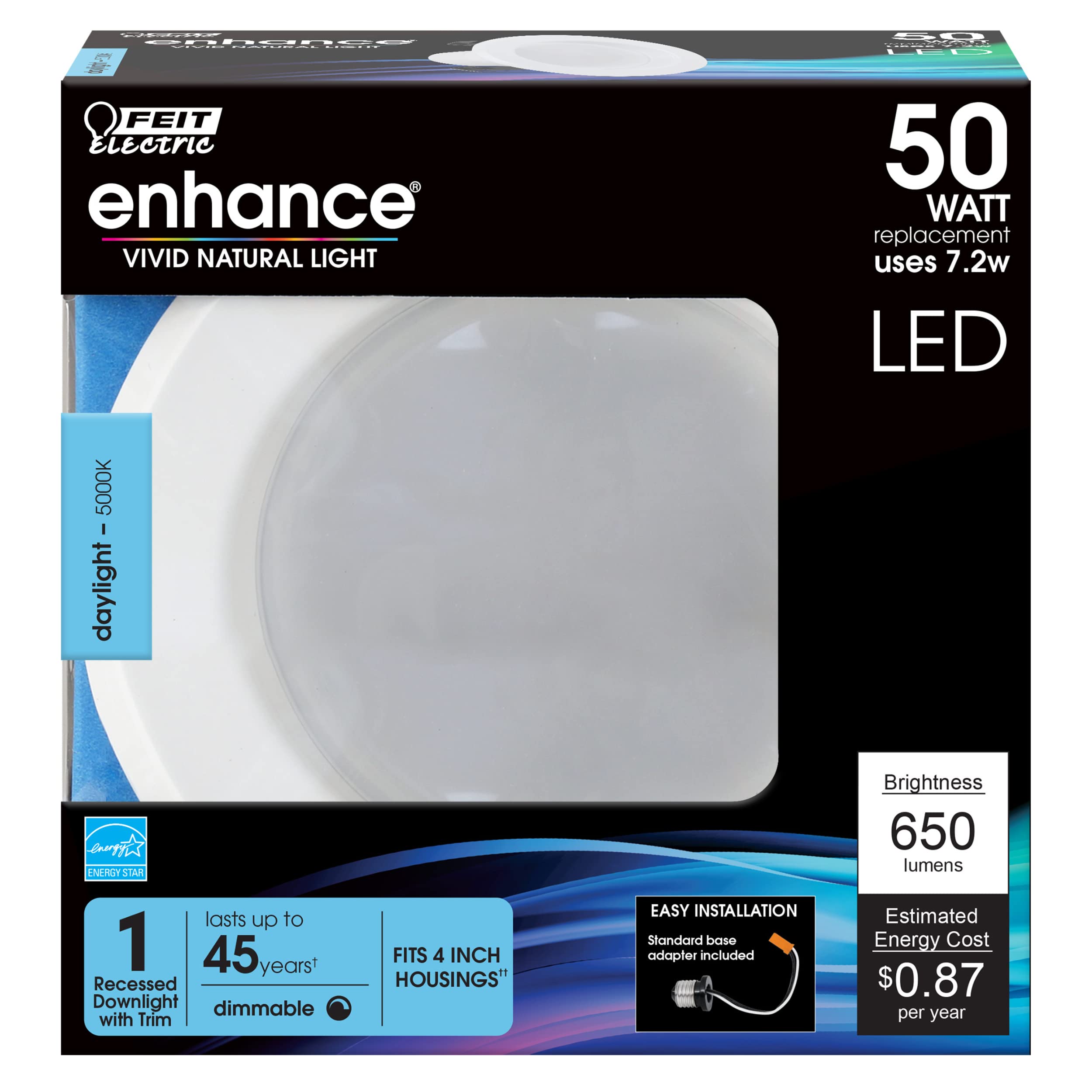 Feit Electric Led 4 Inch Recessed Lighting, 50W Equivalent, Dimmable Retrofit Downlight, E26 Adaptor For Recessed Can Lights, 50,000 Hour Lifetime, 650 Lumens, 5000K Daylight, Ledg2R4/950Ca