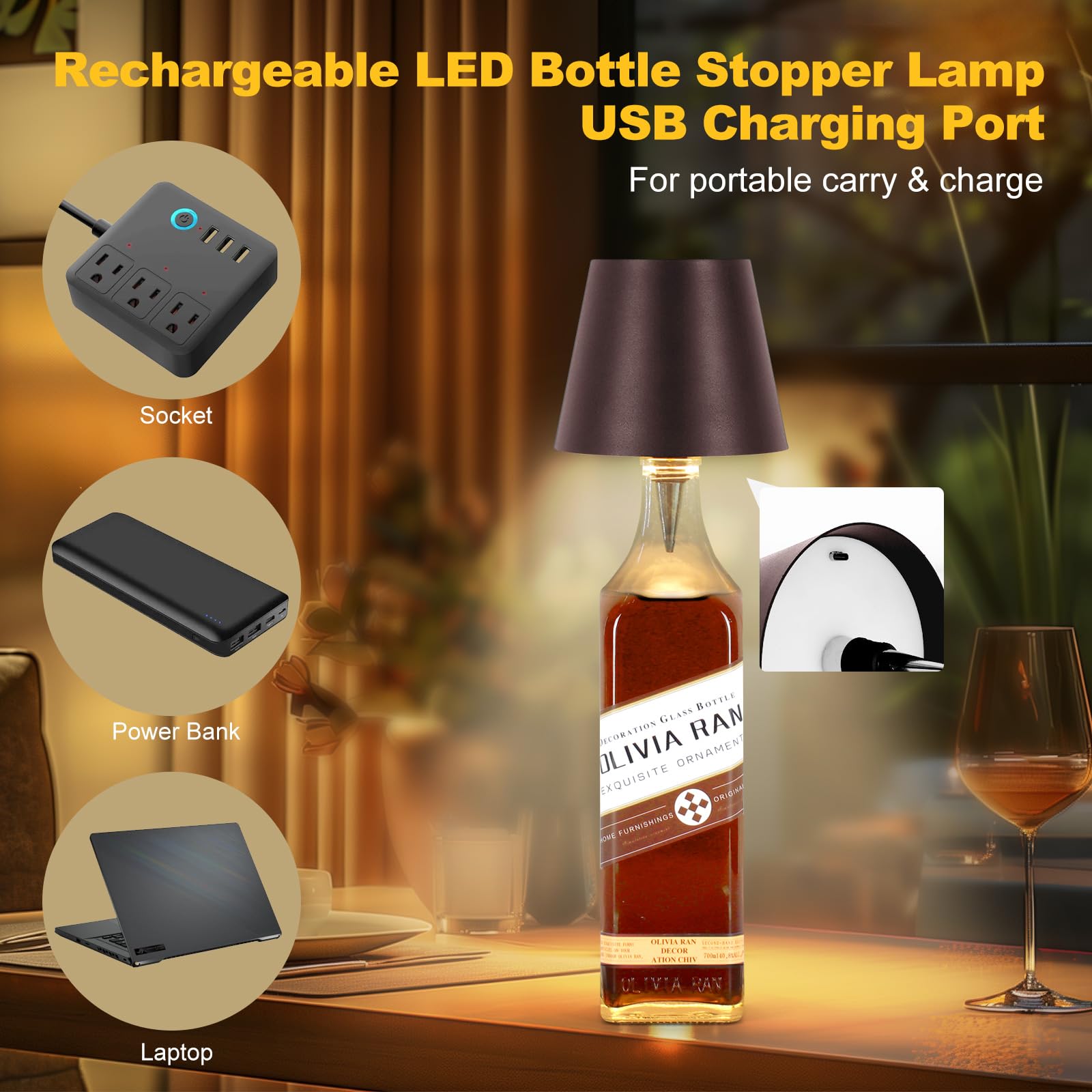 Soudfk Wireless Bottle Lamp, 2025 New 3 Color Rechargeable Wine Bottle Lights For Bars Restaurants (Brown, 1Pc)
