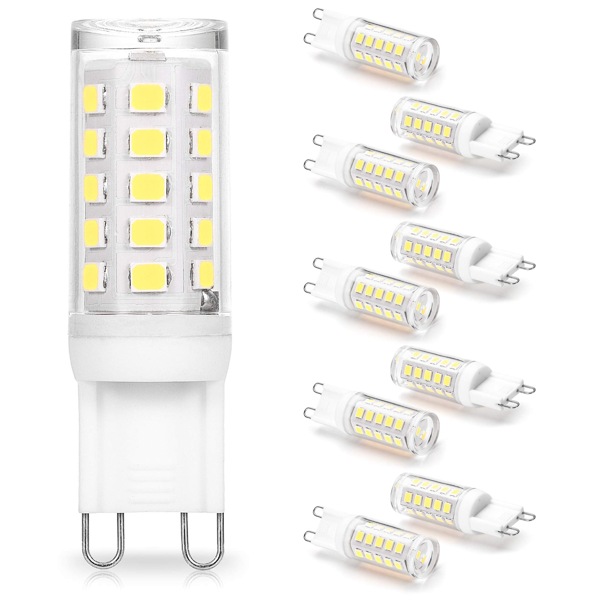 ALIDE G9 LED Bulbs 3W Dimmable 6000K Daylight White 10 Pack, Clear Plastic, 300LM, 360 Degree for Chandelier and Home Lighting