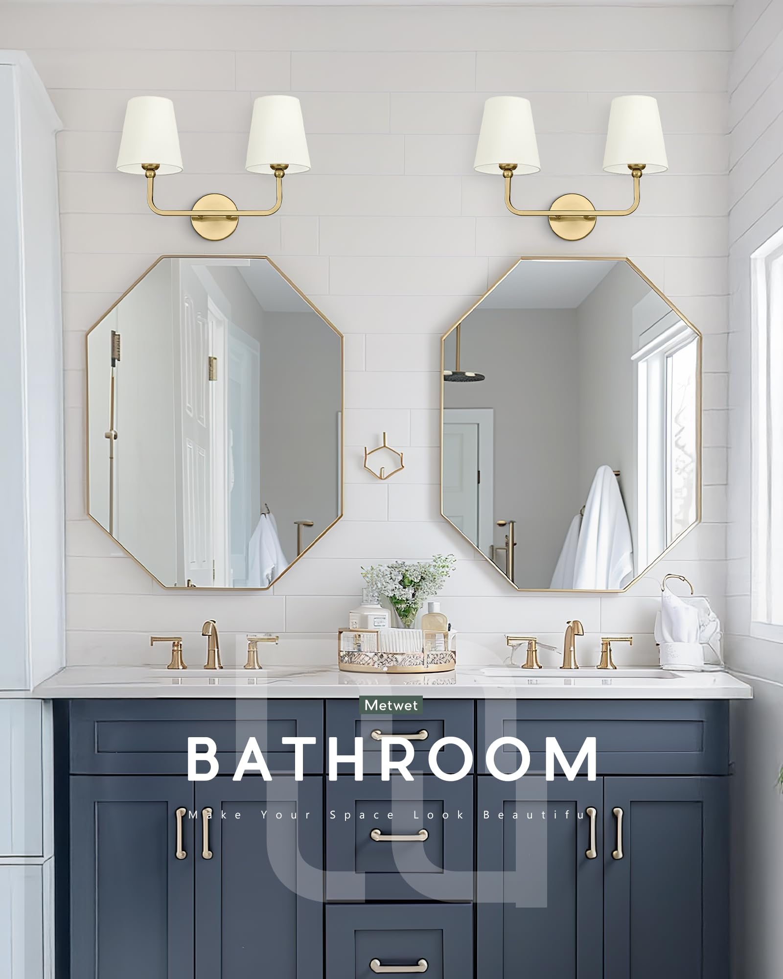 METWET 2-Light Bathroom Light Fixtures, Brushed Gold Metal Sconces with Beige Shade, Model VL837-BG-B-2