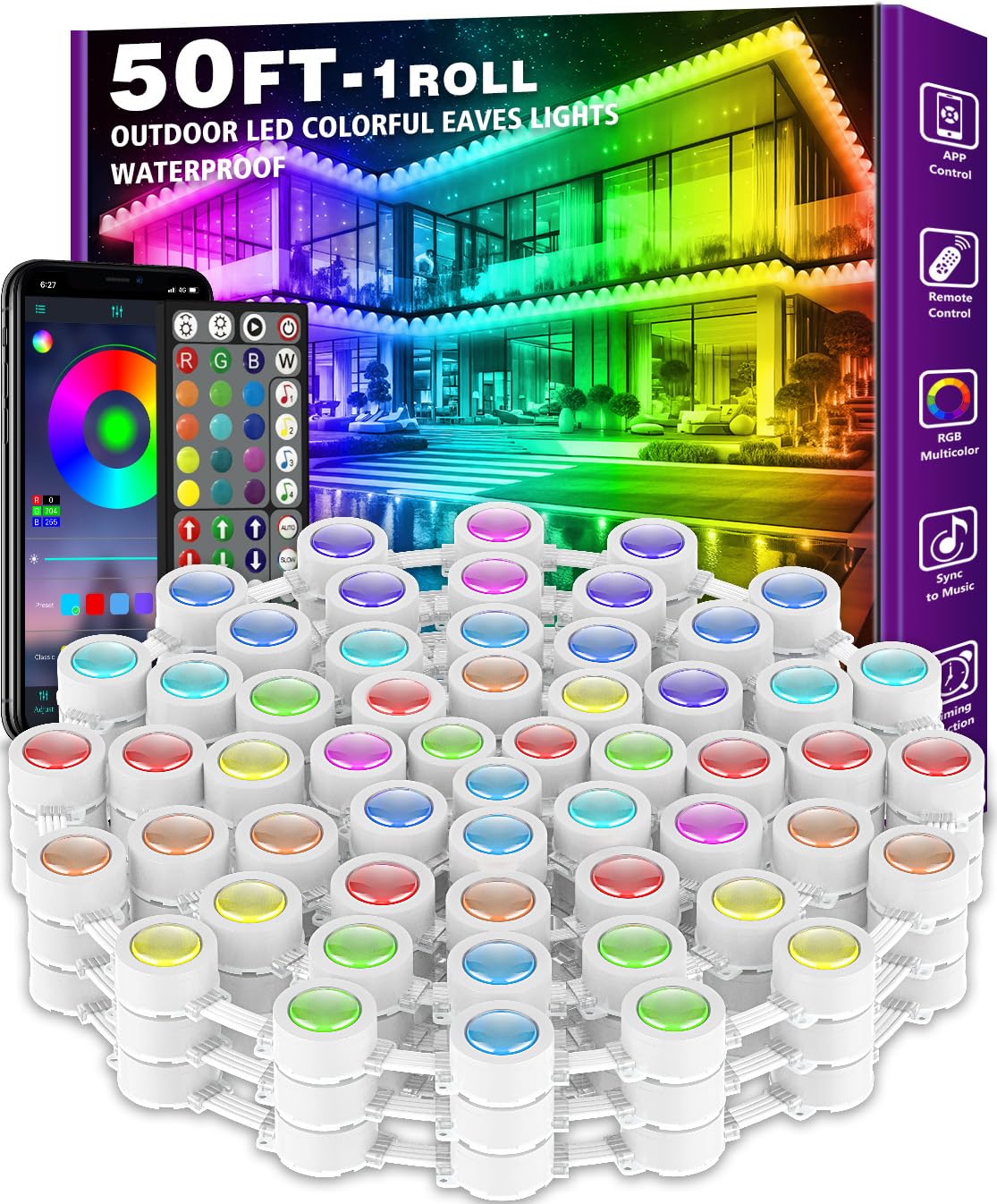 50FT Permanent Outdoor RGB Lights - IP67 Waterproof with Smart App Control Remote, DIY Scene Modes, Music Synchronization, Eaves